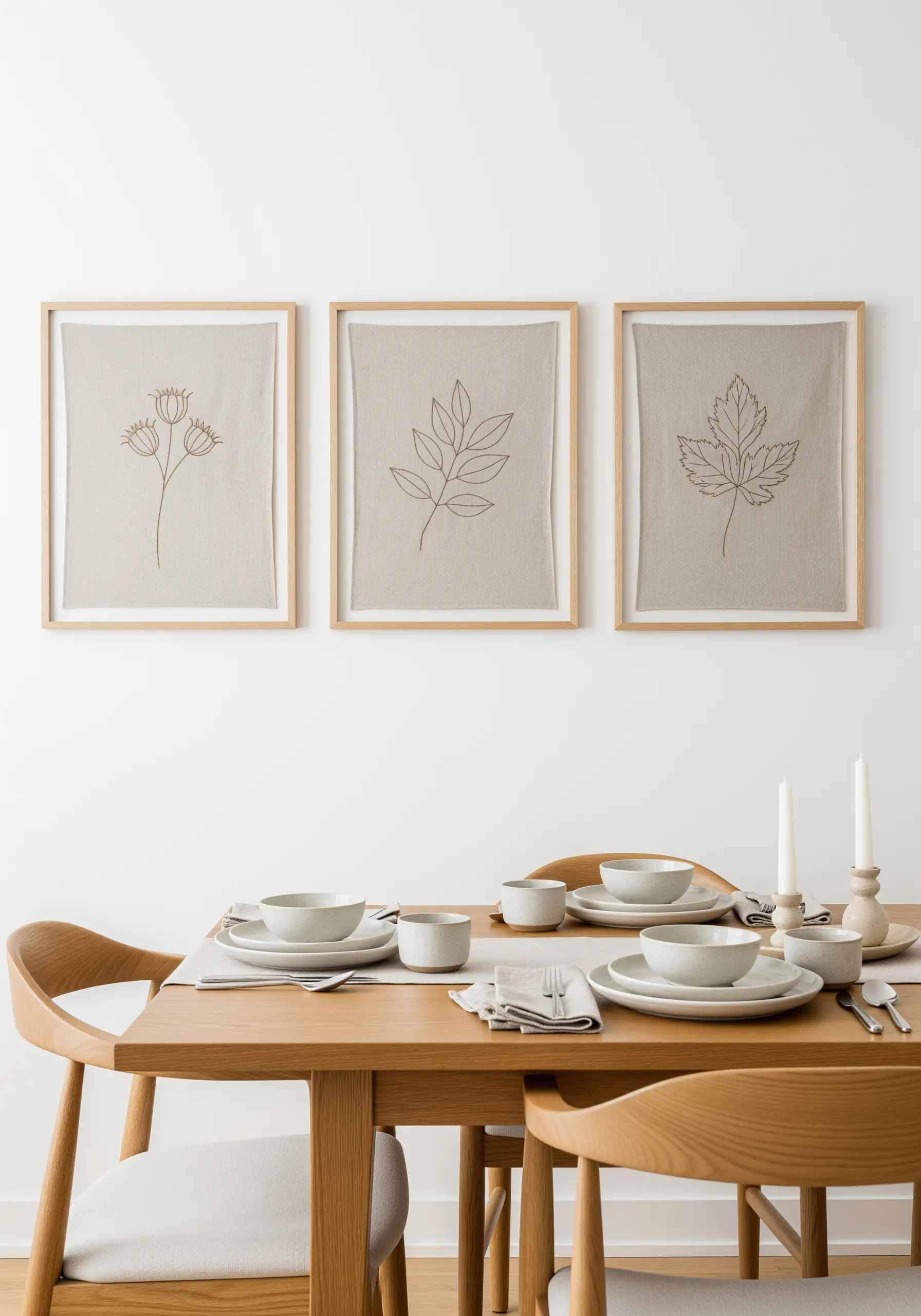Triptych of framed linen embroidery, each with a single minimalist botanical line drawing.