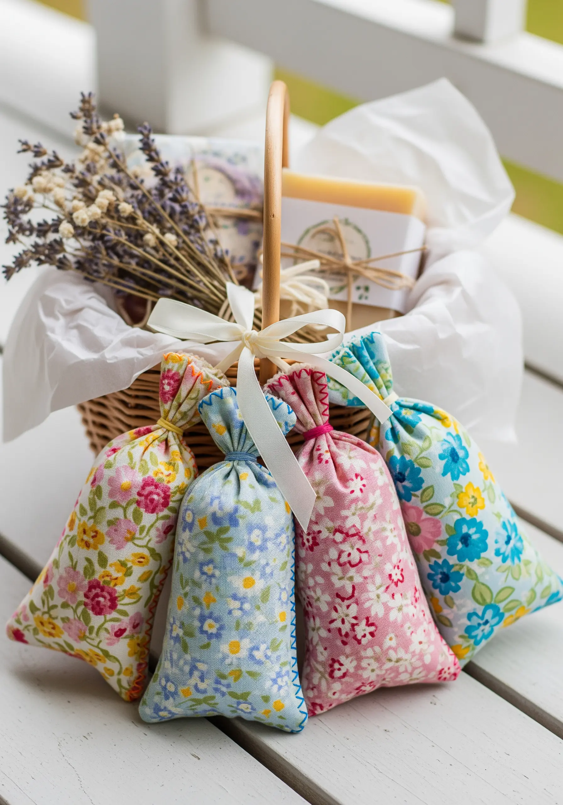 Four floral fabric lavender sachets tied with ribbons and displayed in a gift basket.