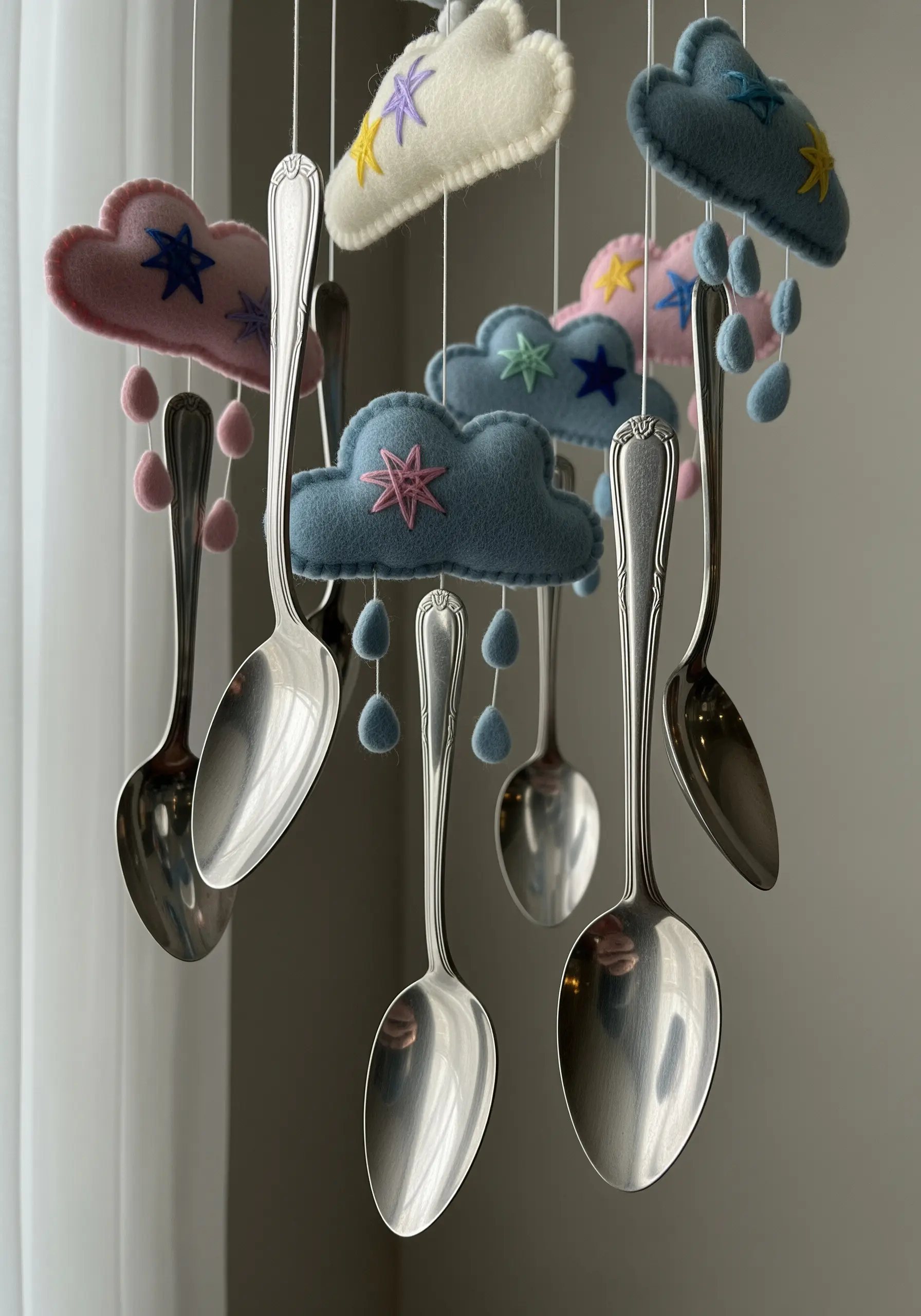 A whimsical mobile made with hand-stitched felt clouds and shiny silver spoons.