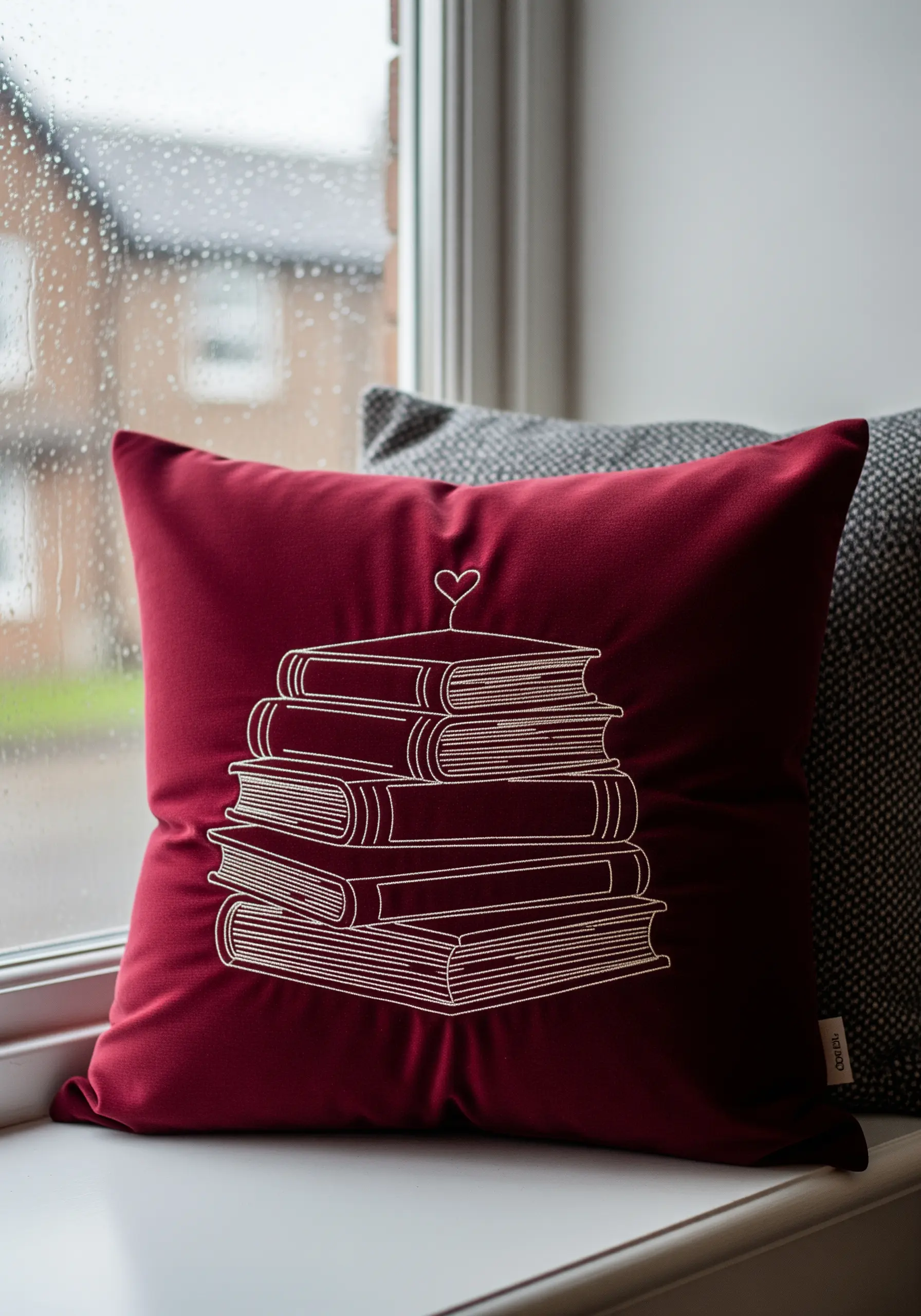 A line art embroidery of a stack of books with a small heart on a deep red pillow.