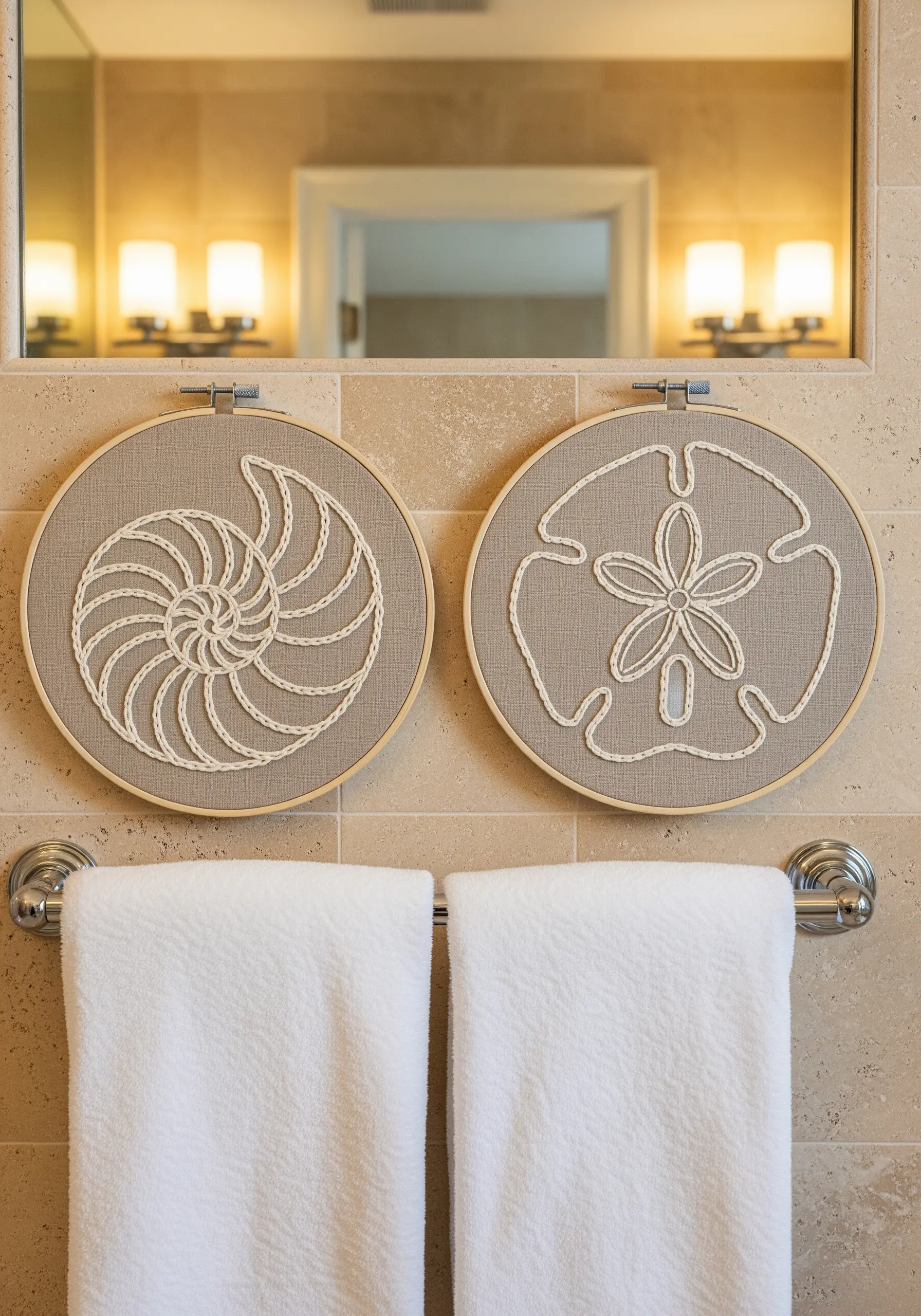 Two embroidery hoops with outlined shell and sand dollar designs in white thread.