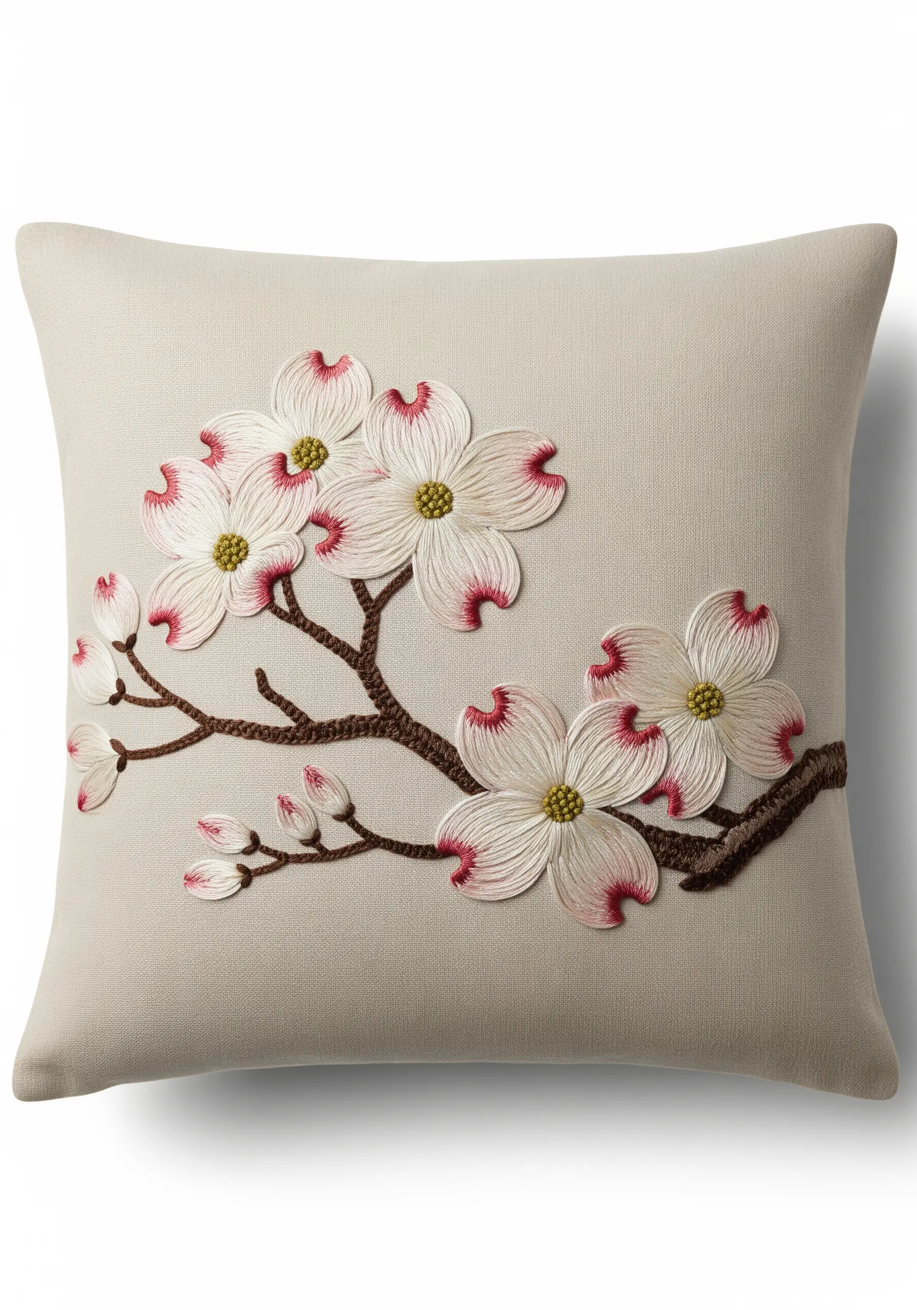 Realistic dogwood flowers embroidered with detailed pink and white shading on a neutral pillow.