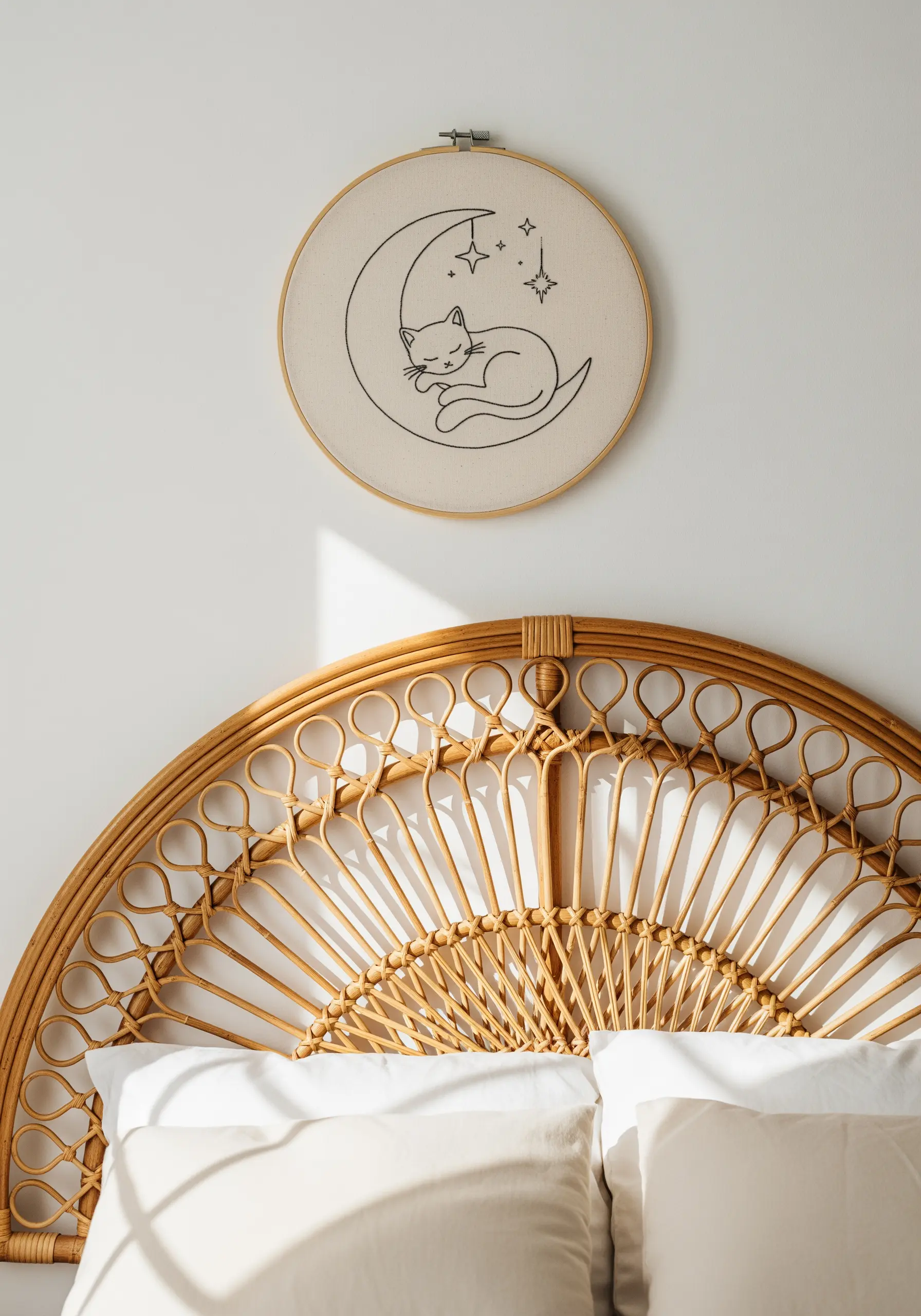 Minimalist line art embroidery of a cat sleeping on the moon, hung above a rattan headboard.