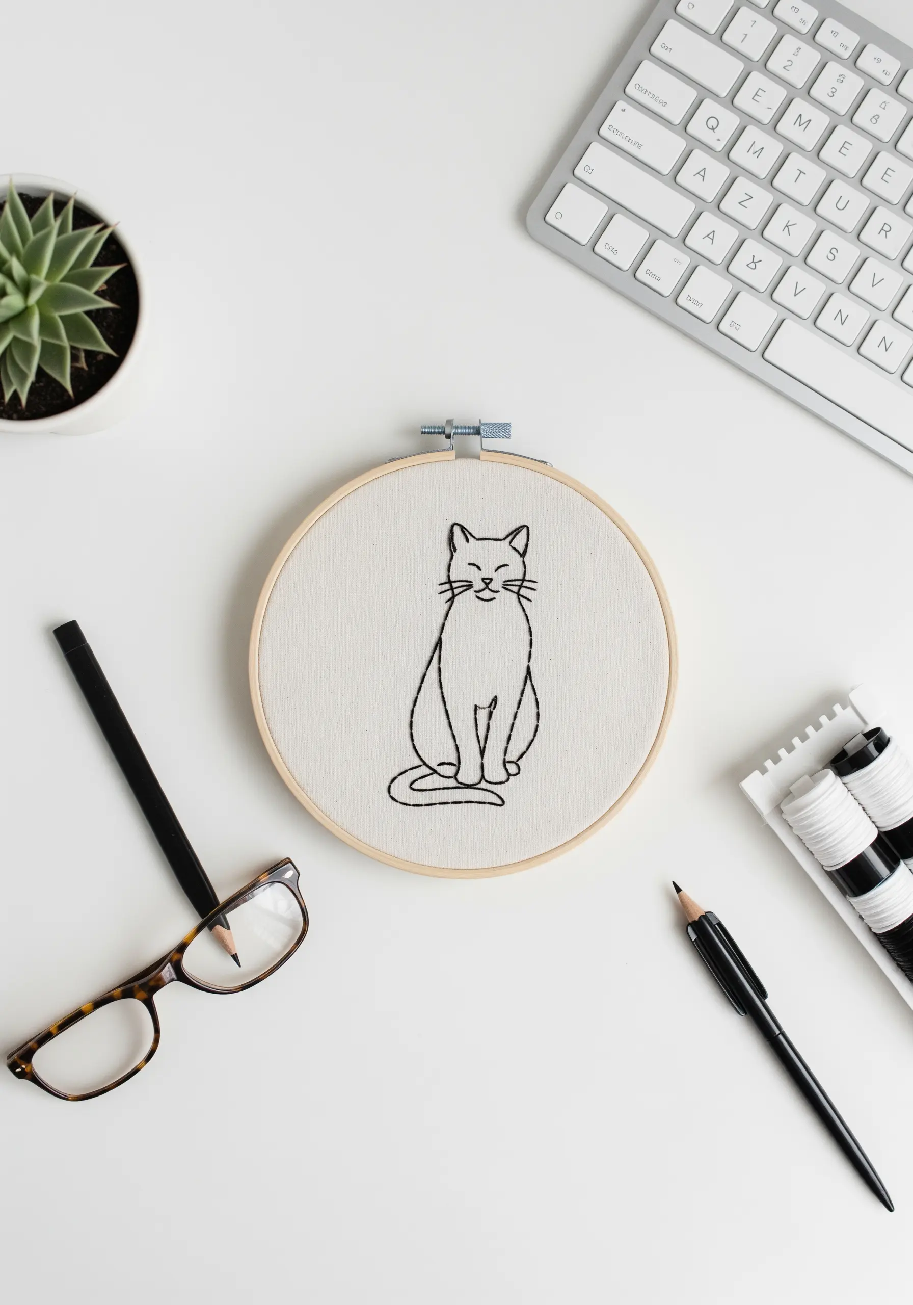 A minimalist cat outline in black backstitch on a desk with a keyboard and glasses.
