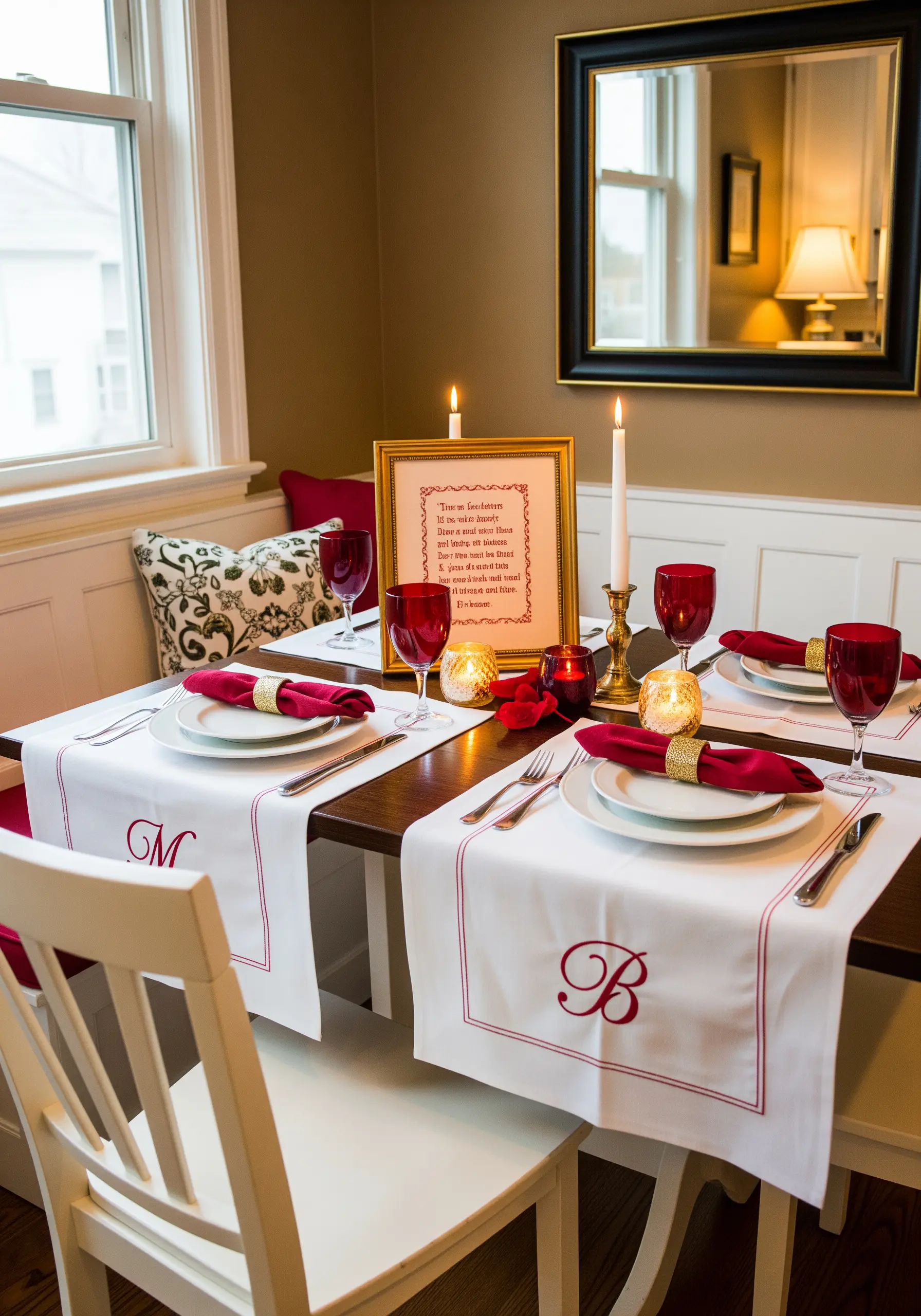 White placemats with an elegant red embroidered border and monogram.
