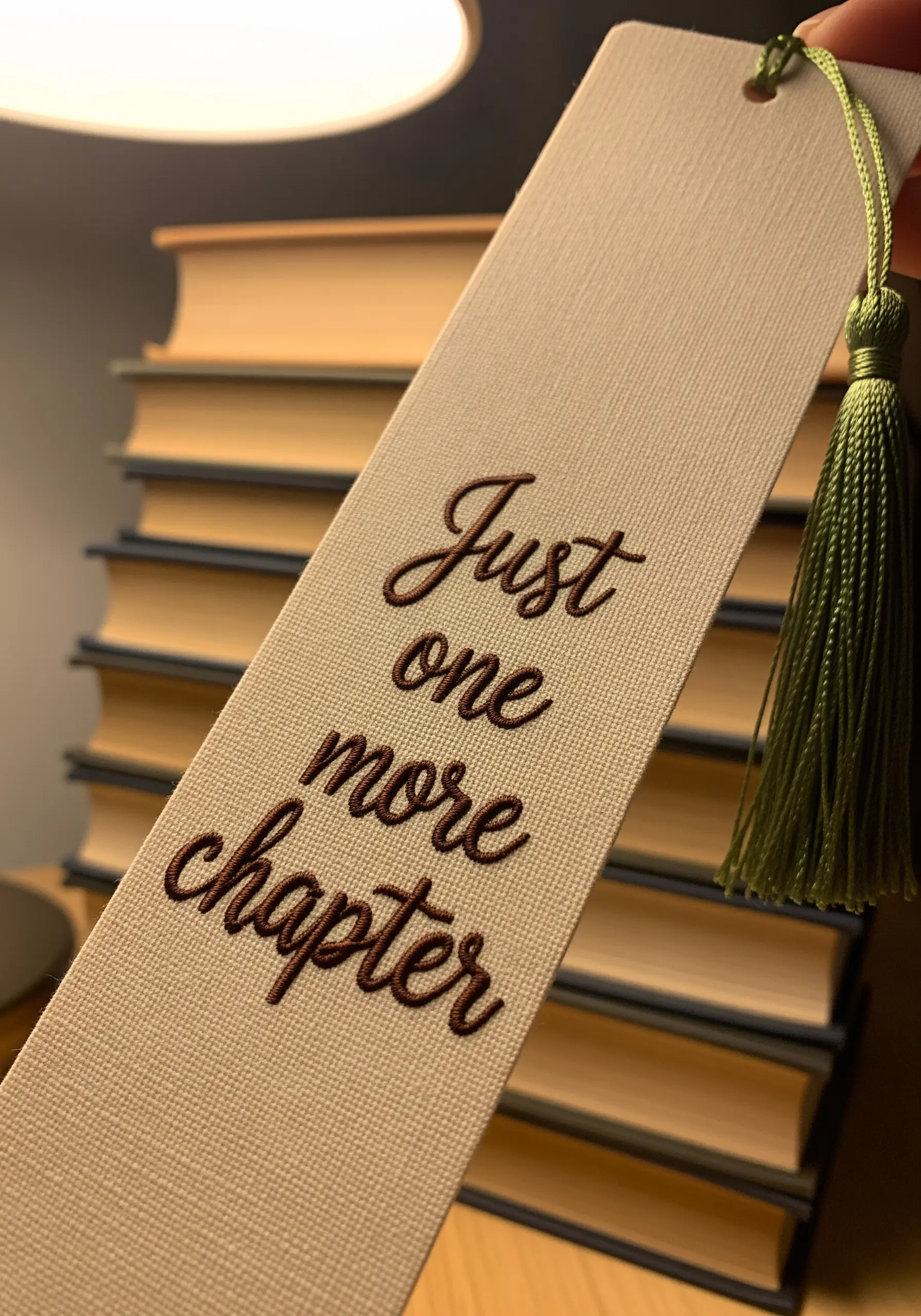 Embroidered bookmark with the quote 'Just one more chapter' in brown cursive script.