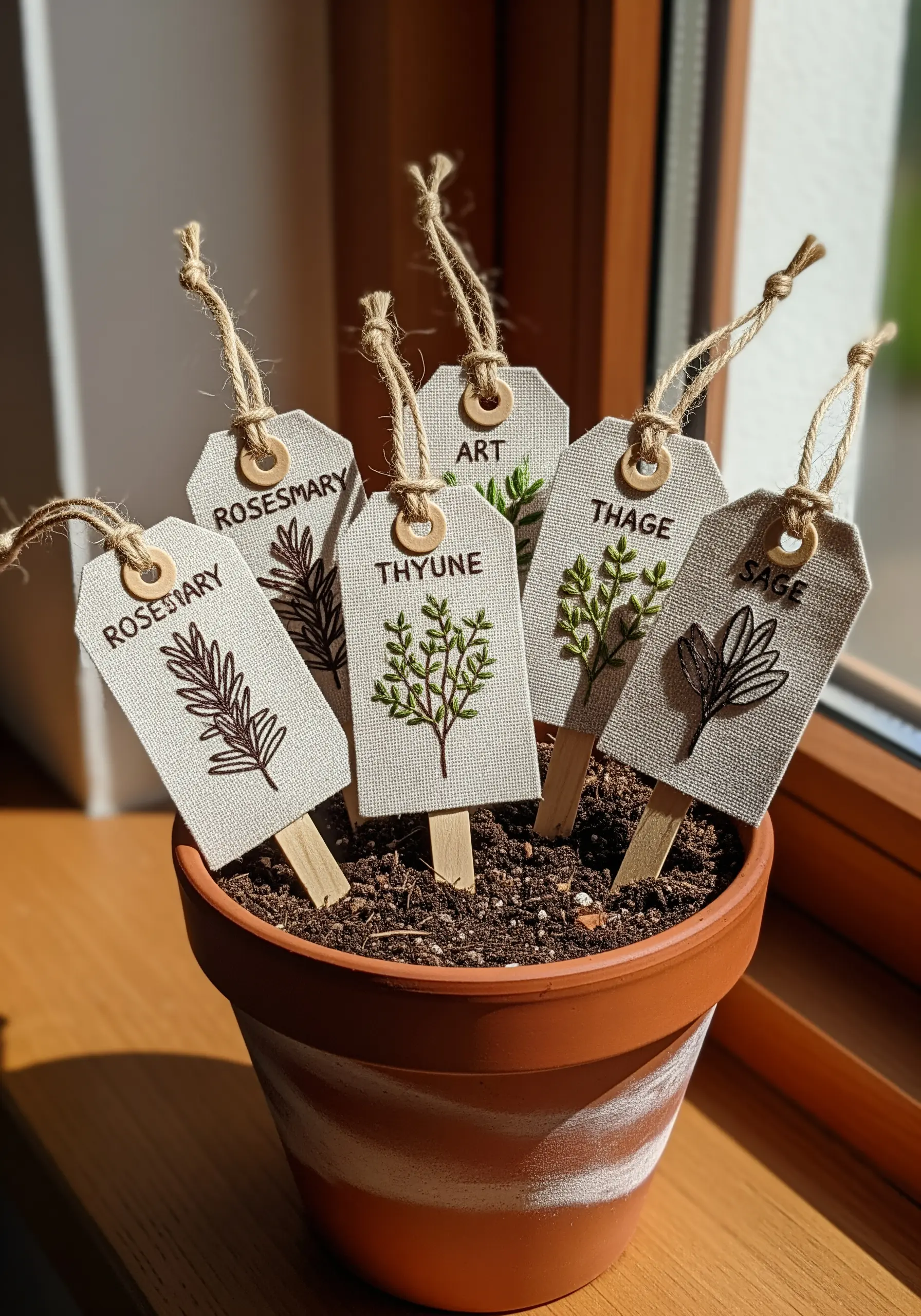 Embroidered herb markers with clean lettering and simple botanical line art.