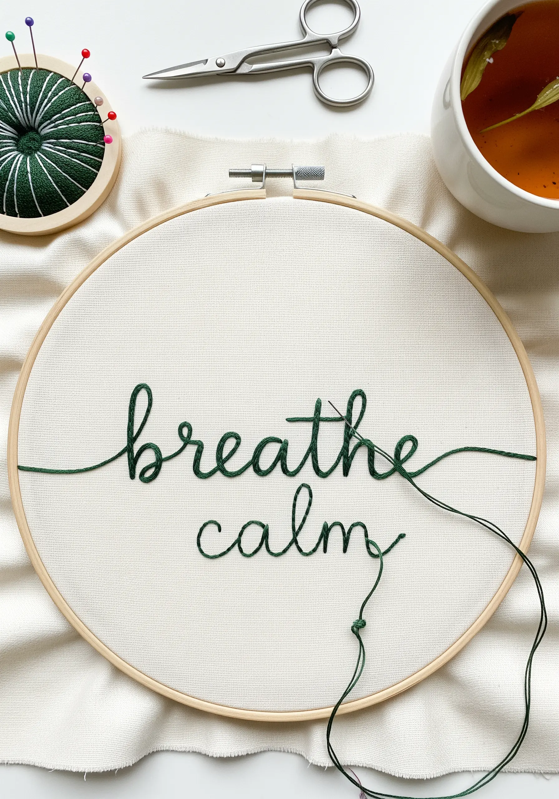 The words 'breathe calm' being stitched in green thread using a flowing script.