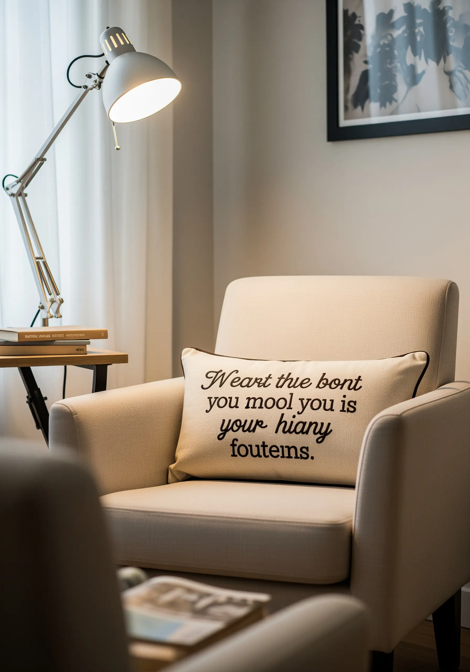 A lumbar pillow with a quote embroidered in a clean, cursive script.