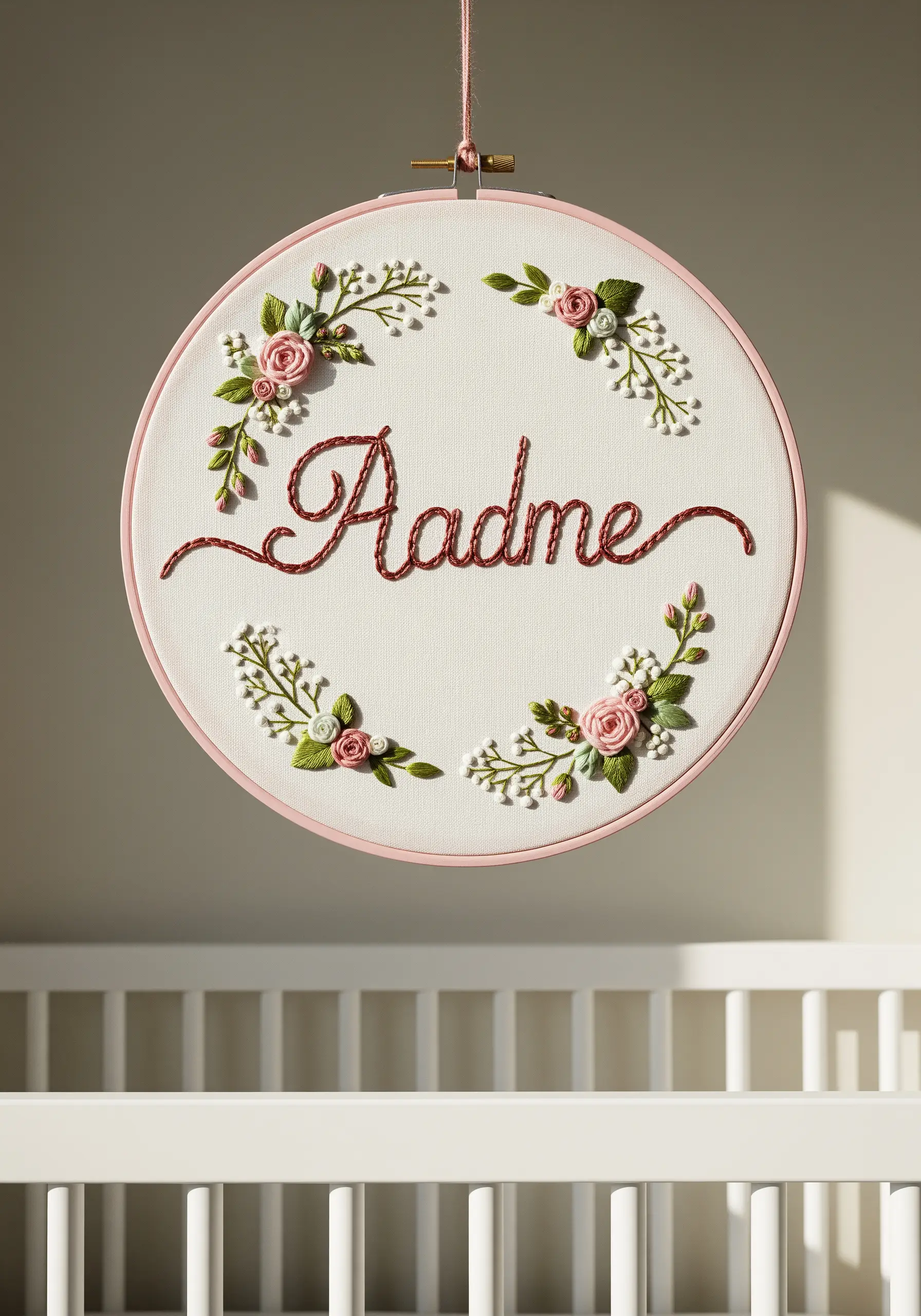 Personalized name embroidery in a hoop with delicate pink and white floral details.