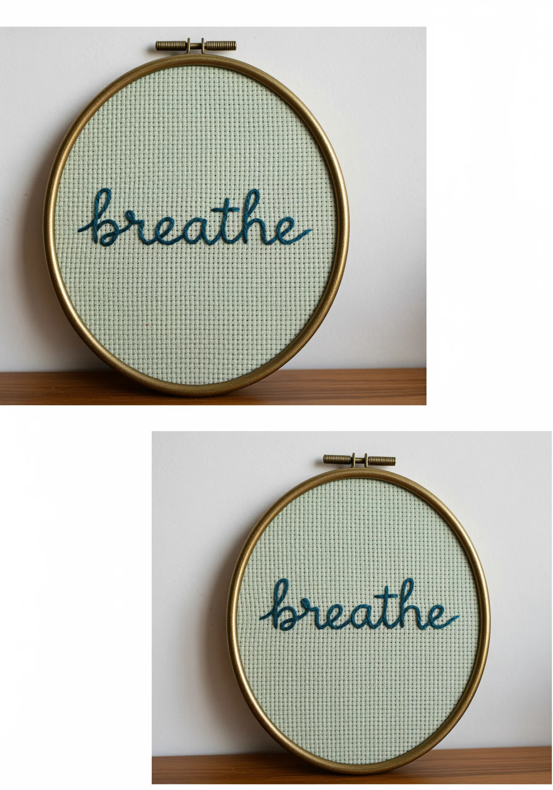 The word 'breathe' embroidered in cursive script on light green Aida cloth.