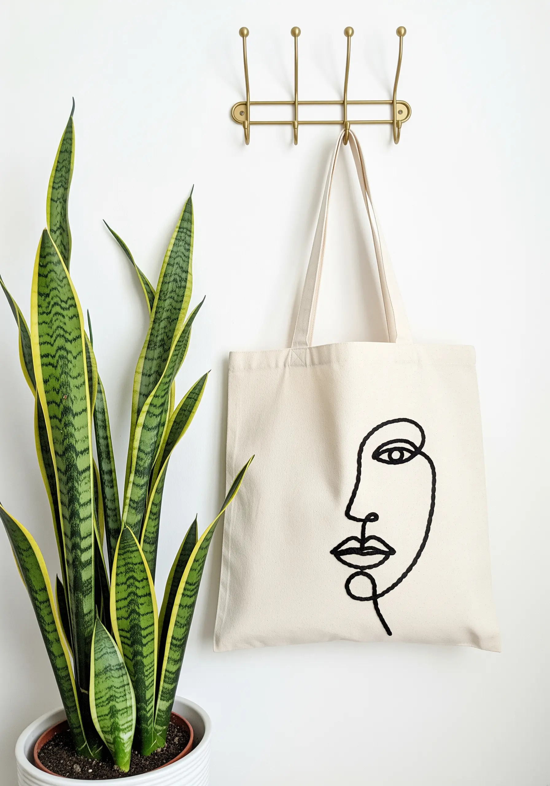 Minimalist line art face embroidered in black thread on a canvas tote bag.