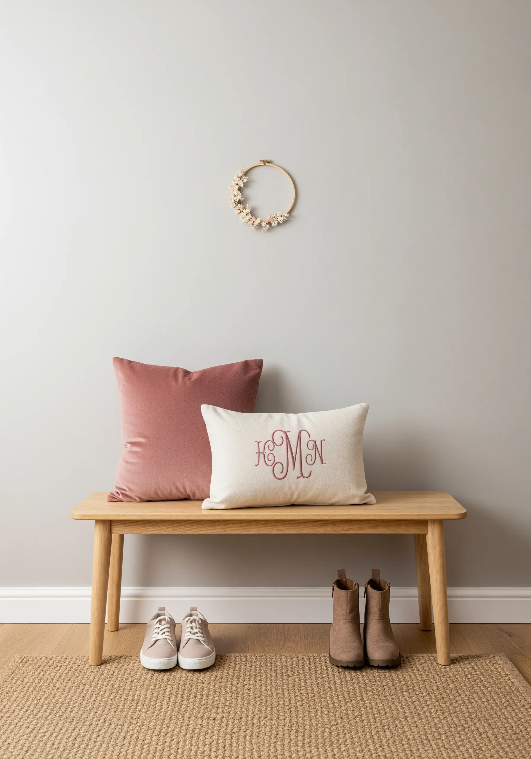 A classic dusty rose monogram embroidered on an ivory pillow.