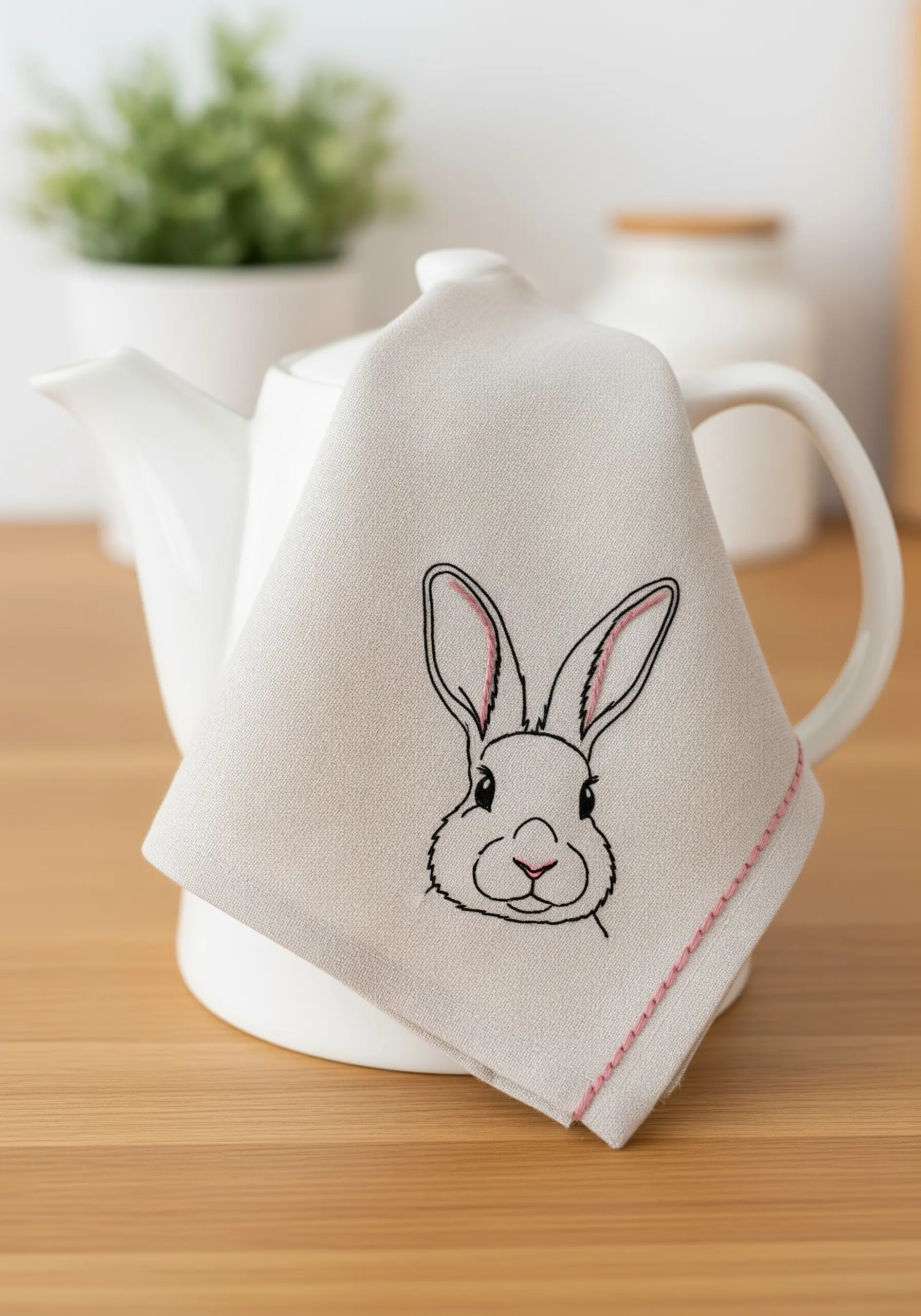 Line art rabbit face with pink details embroidered on a linen tea towel.