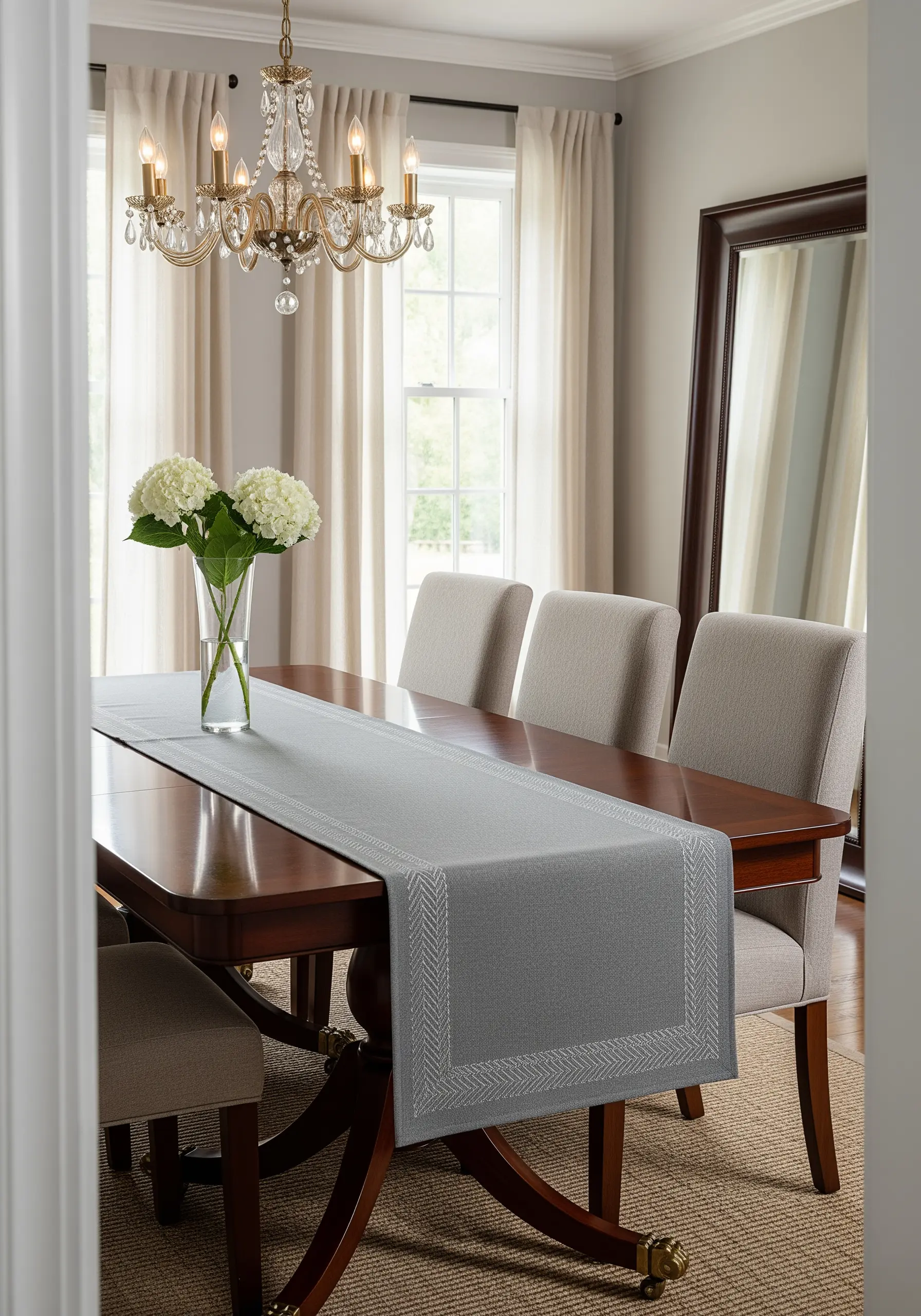 A subtle herringbone stitch border in a light gray thread on a mid-gray runner