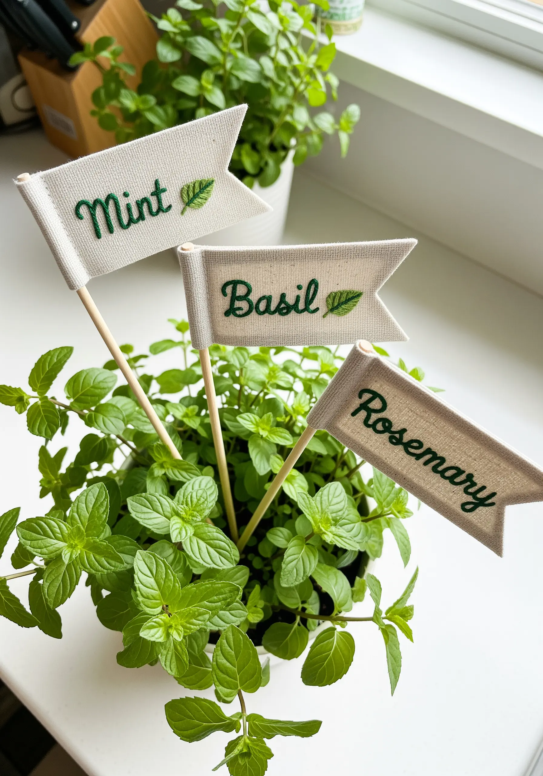 Embroidered linen plant markers for mint, basil, and rosemary in a pot.