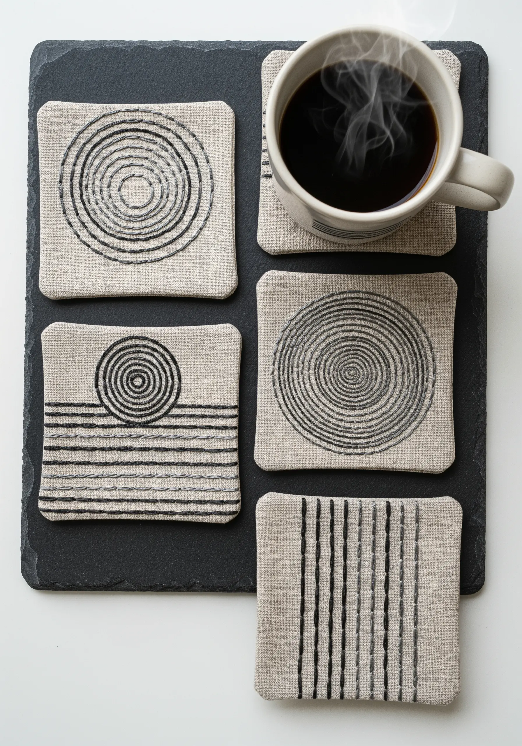 Set of embroidered linen coasters with abstract black spiral and line designs.