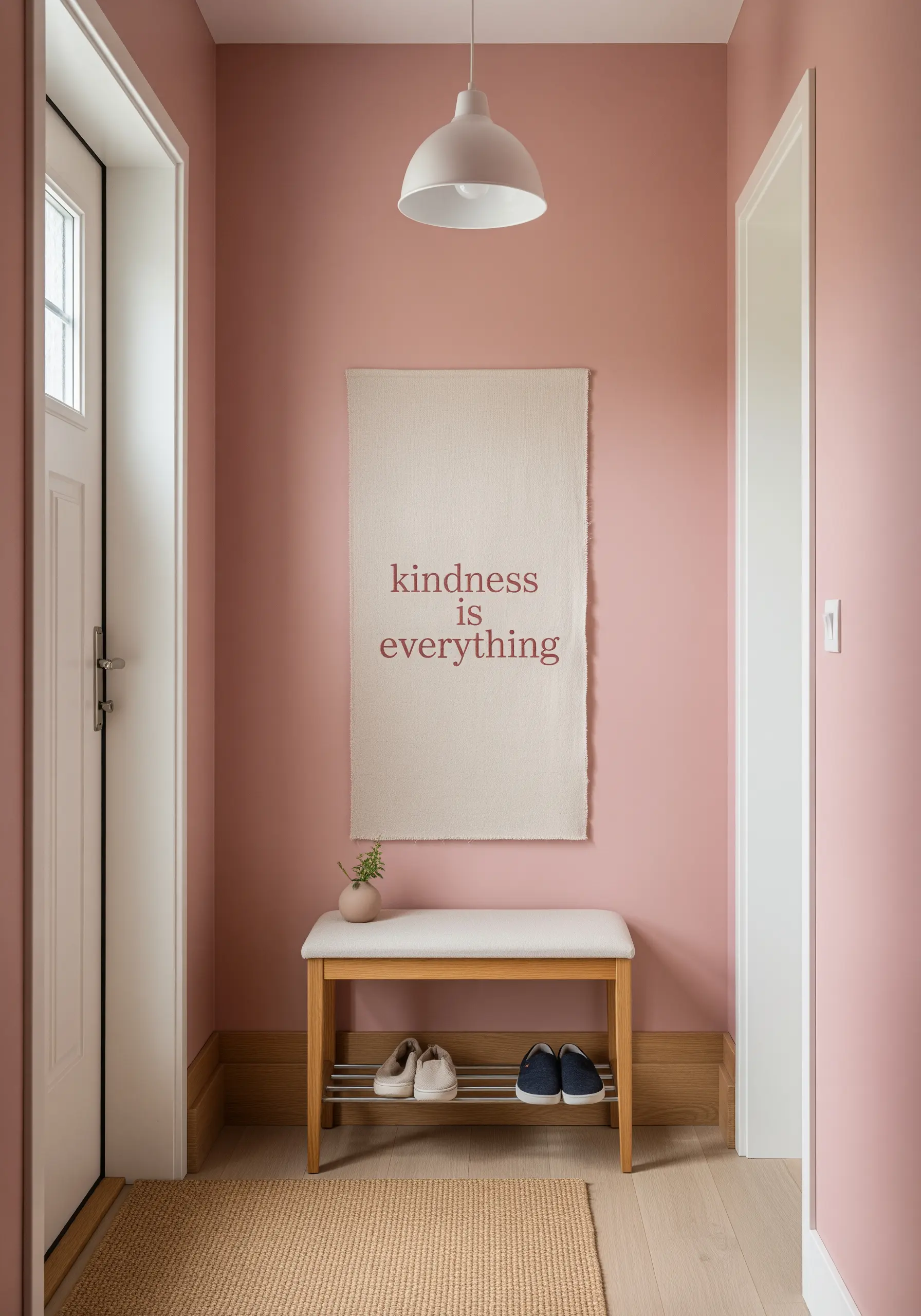 'Kindness is everything' embroidered in a delicate serif font on a raw-edged linen banner.