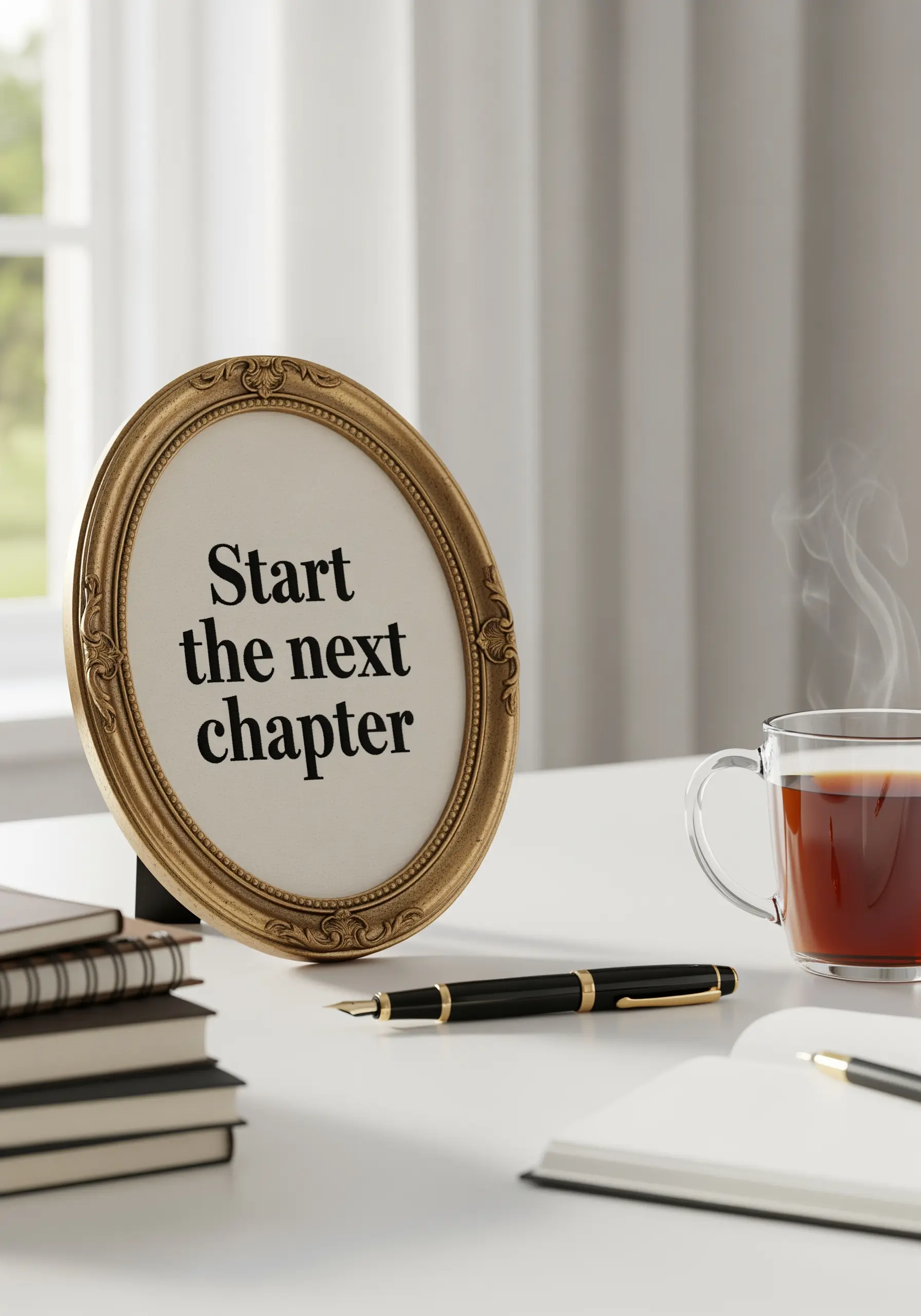 Embroidered quote 'Start the next chapter' in a decorative gold oval frame.