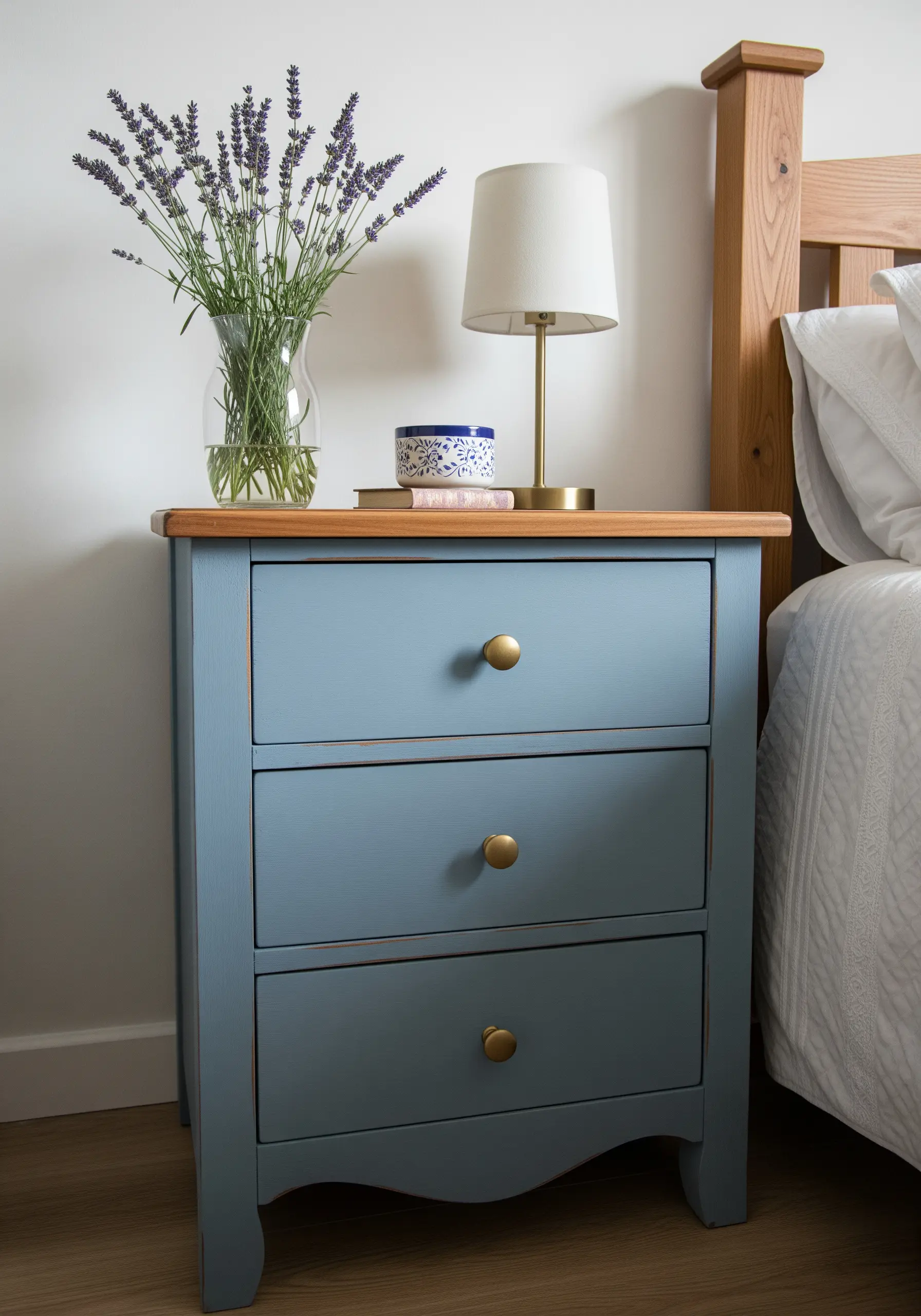 A dusty blue nightstand with new brass knobs, styled with a vase of lavender.