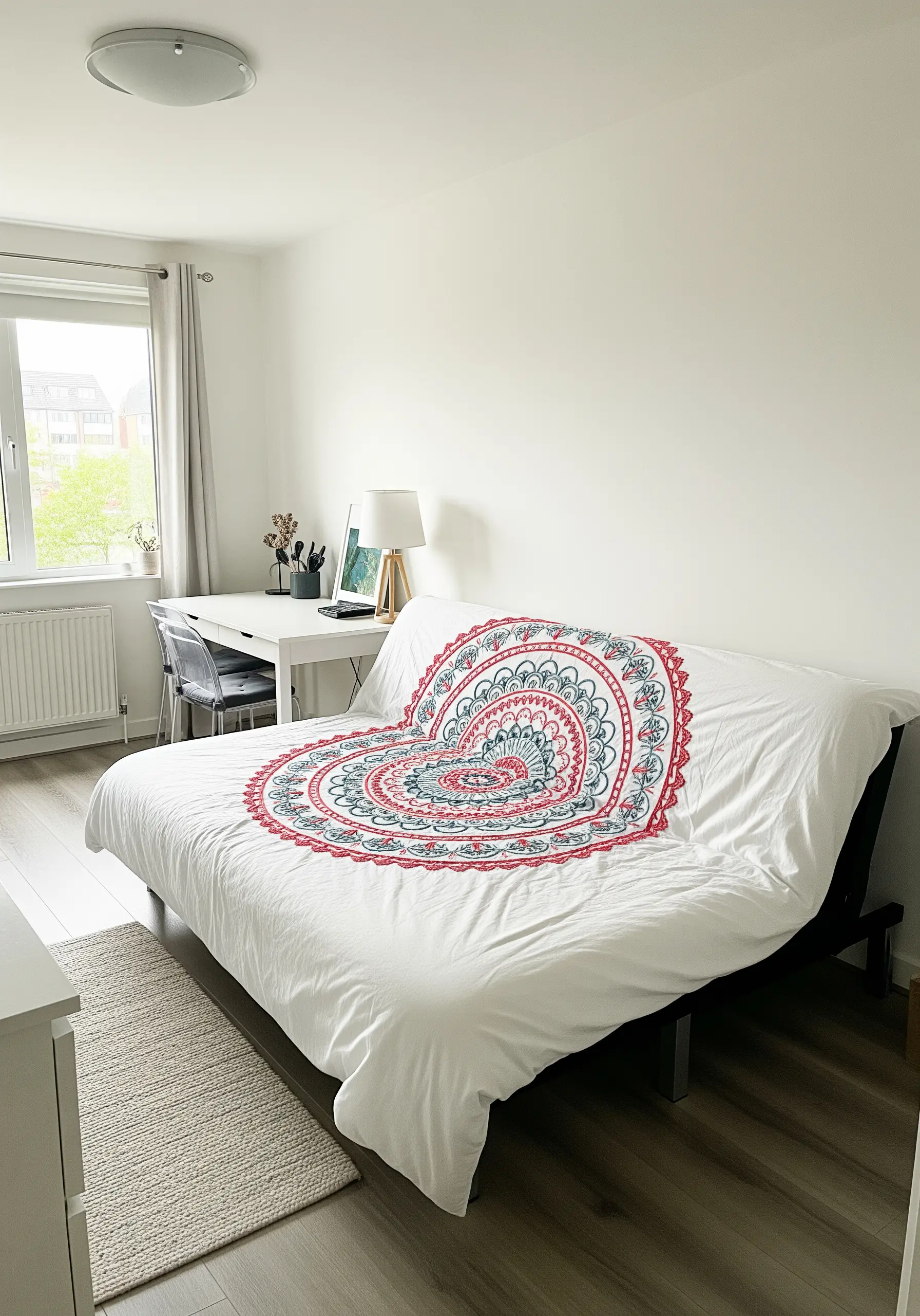 A large mandala design embroidered in the center of a white duvet cover on a bed