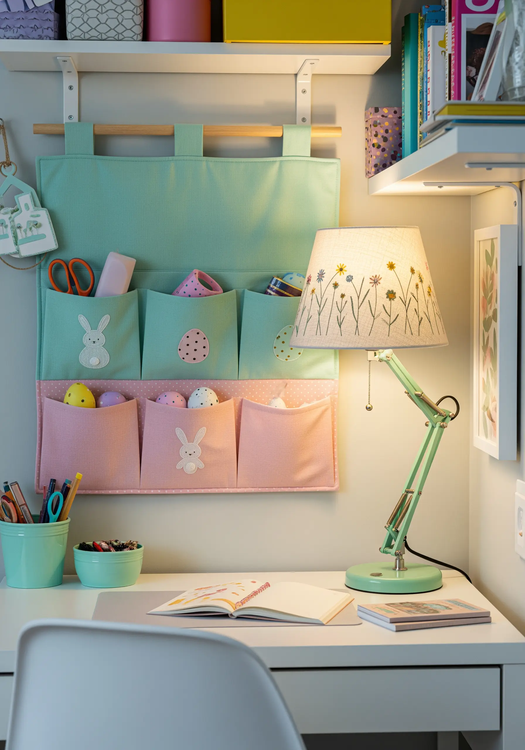 Desk organizer and lampshade decorated with simple embroidered Easter bunnies and eggs.