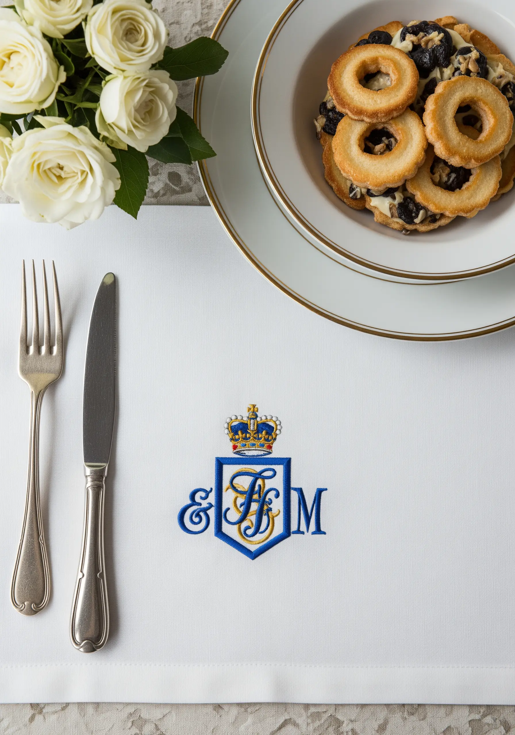 A classic heraldic crest with 'FM' initials in blue and gold, topped with a crown.
