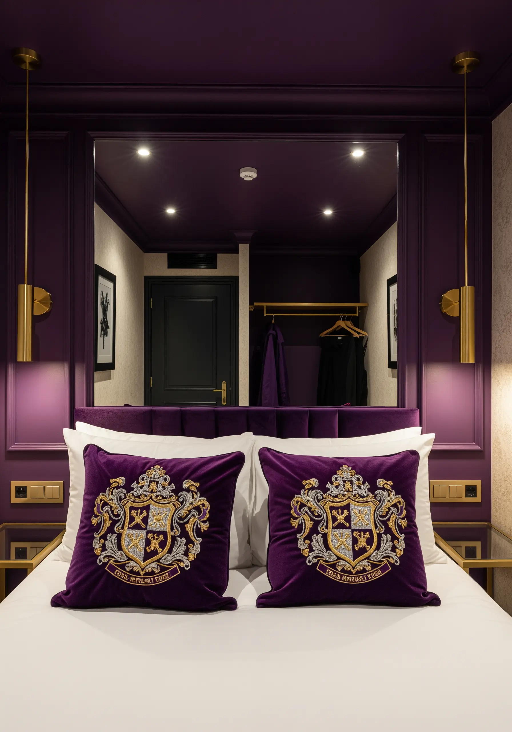 Two plush purple velvet pillows embroidered with ornate, traditional gold and silver family crests.