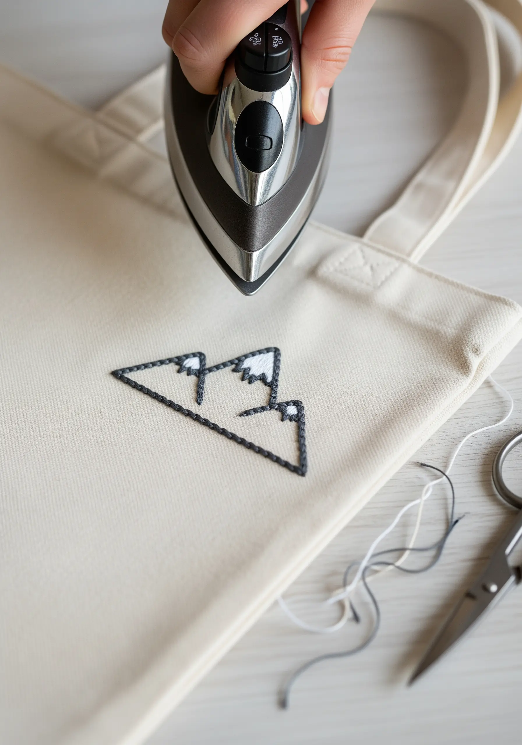 An iron setting an embroidered mountain design on a canvas tote bag.