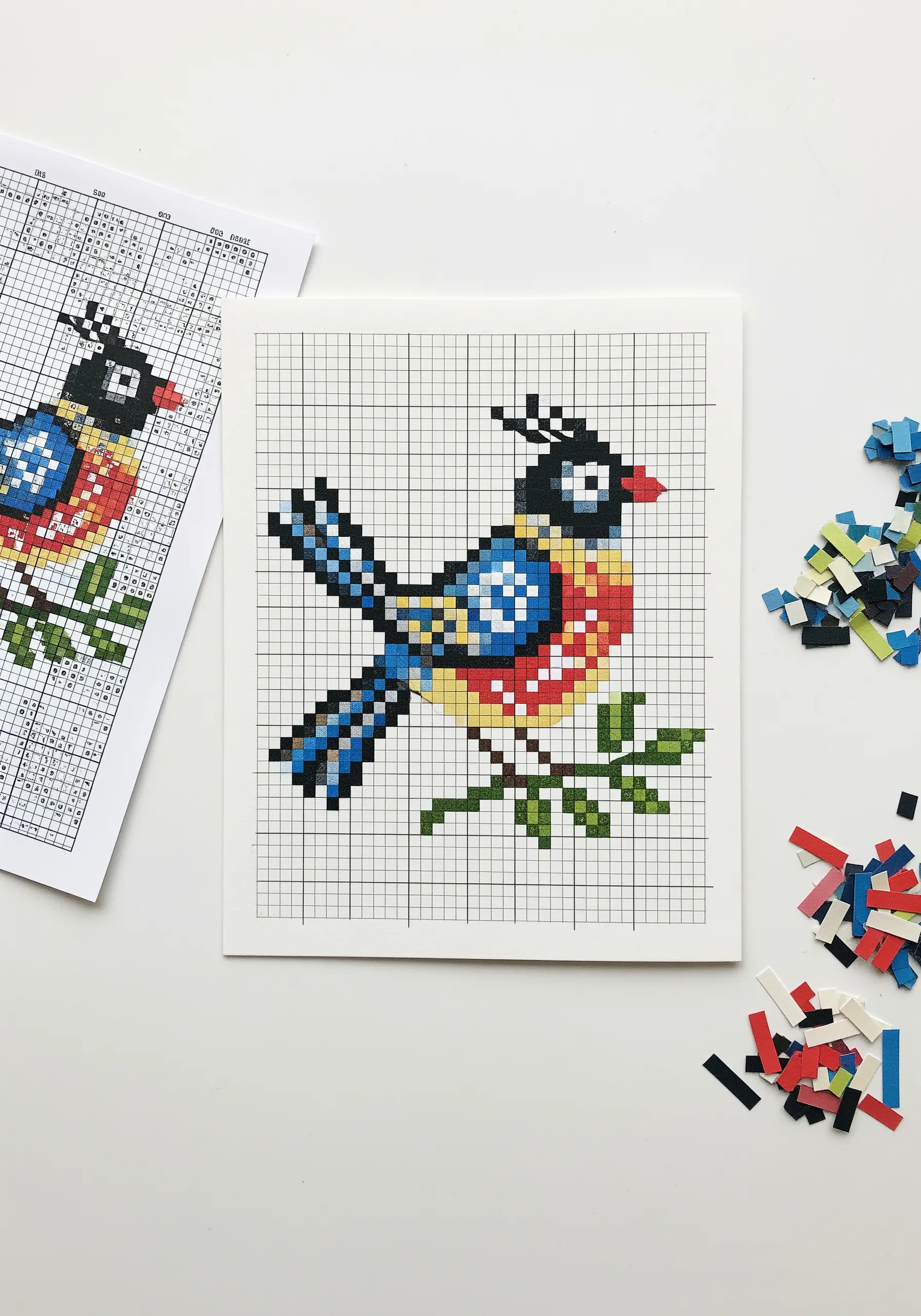A bird design, originally a cross-stitch pattern, recreated as a mosaic using tiny squares of paper.