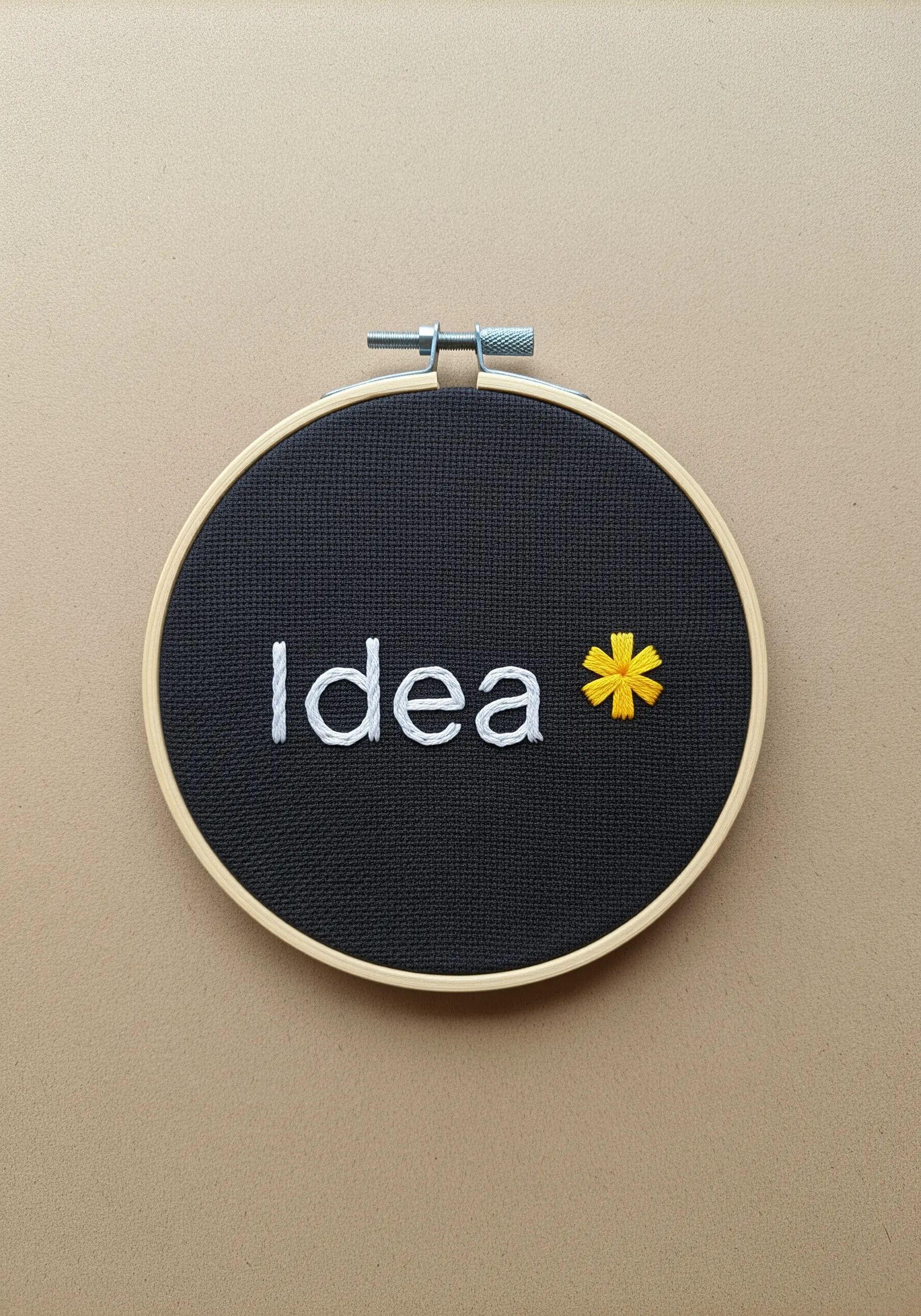 The word 'Idea' embroidered on black fabric, with a yellow flower as an asterisk.