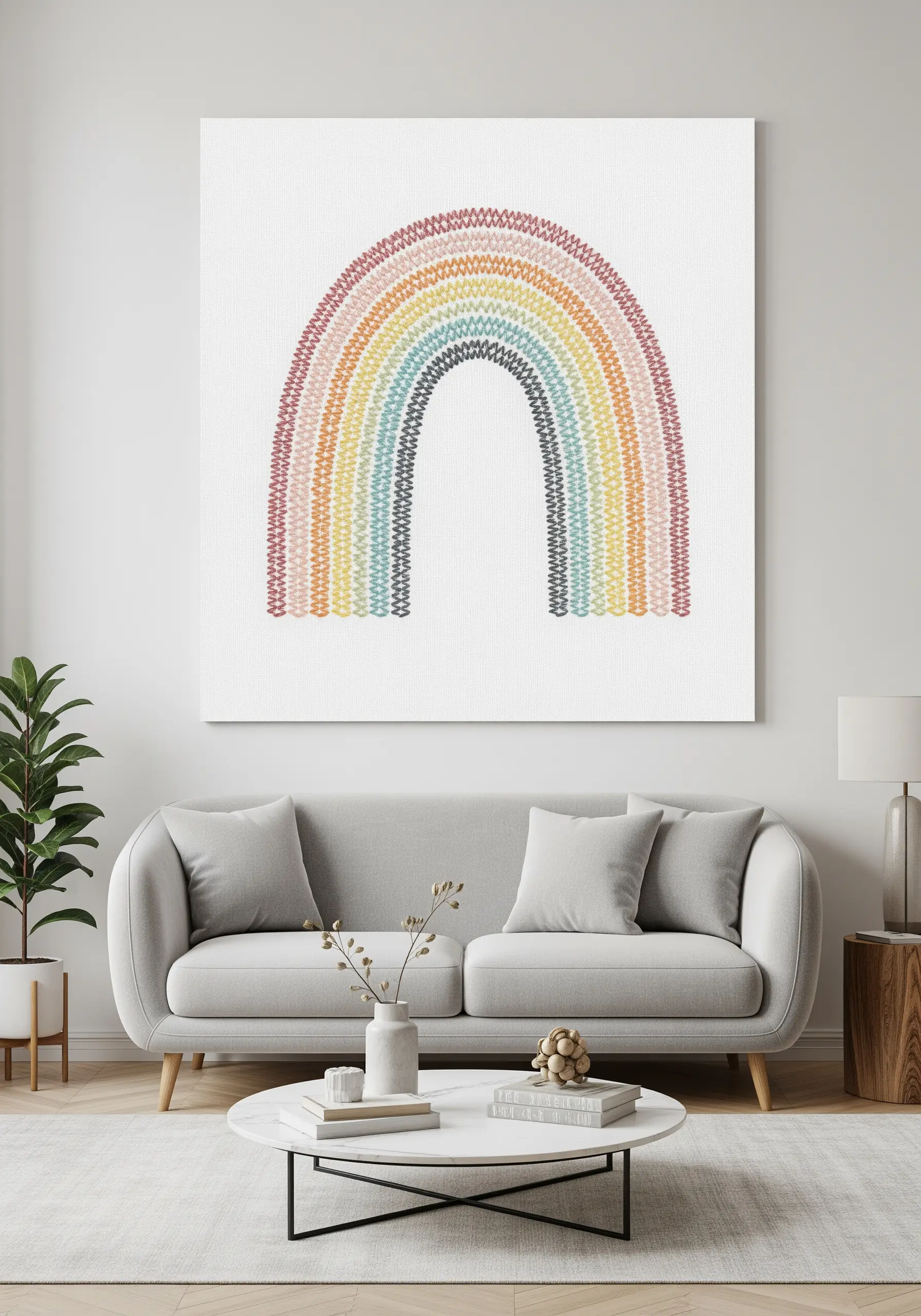 A large canvas with a rainbow embroidered in textured, muted-color stitches