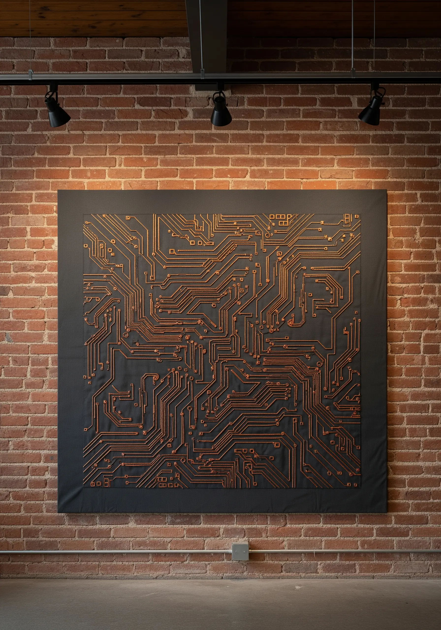 A large wall hanging featuring a circuit board design created with couched copper metallic cord.
