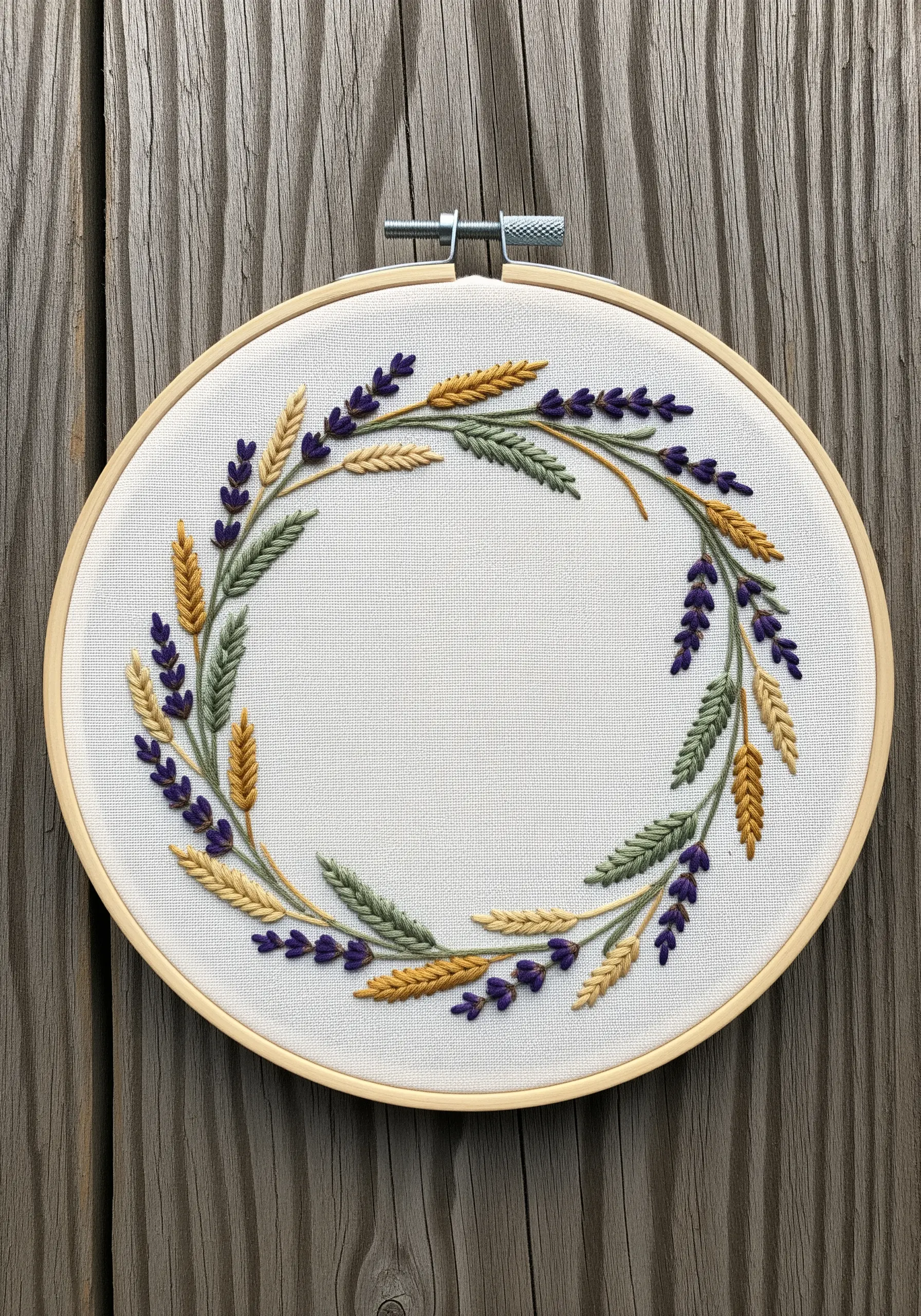 Embroidery hoop with a wreath of lavender and wheat on white linen
