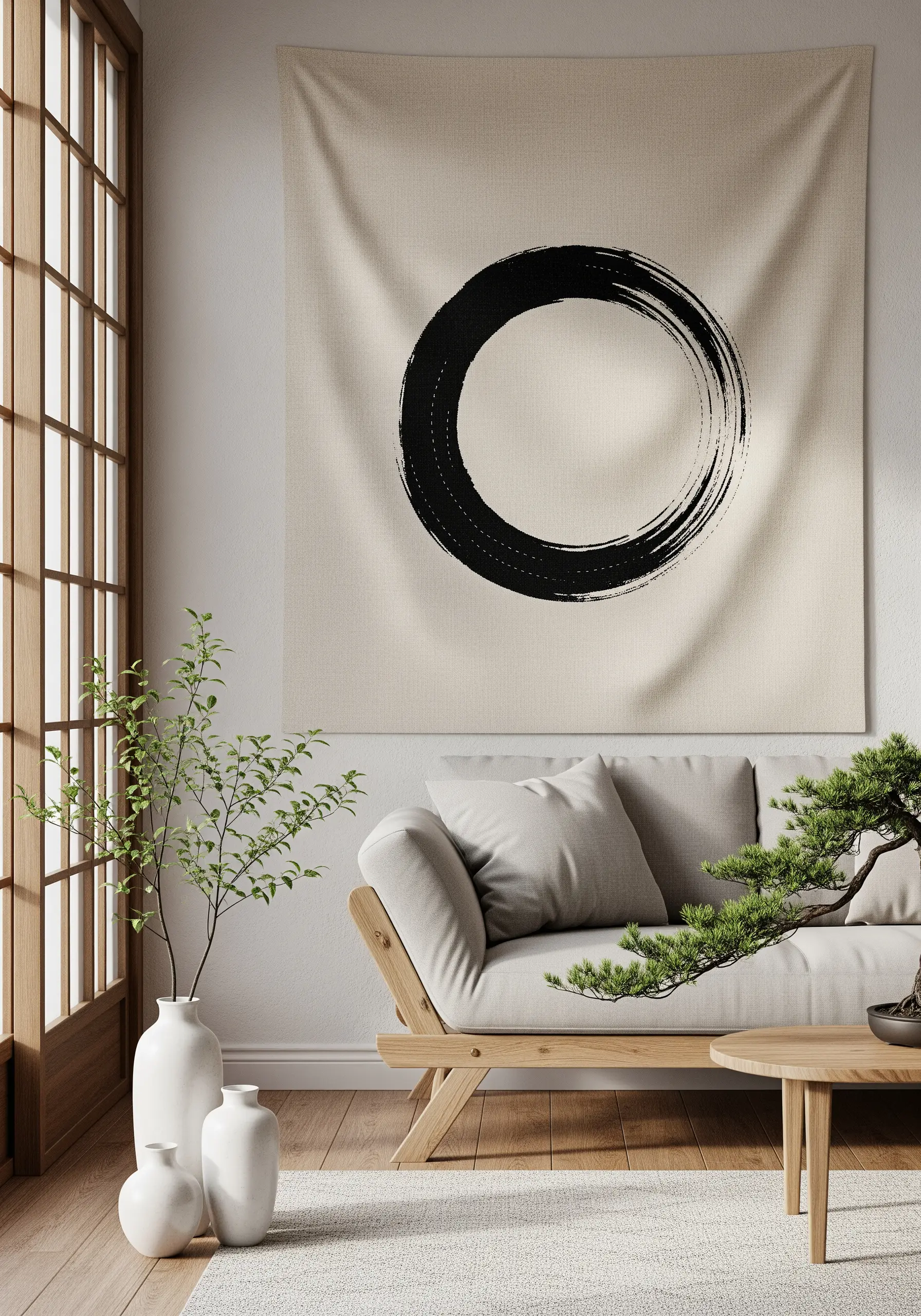 A large wall hanging with an embroidered black Ensō (Zen circle) on neutral canvas.