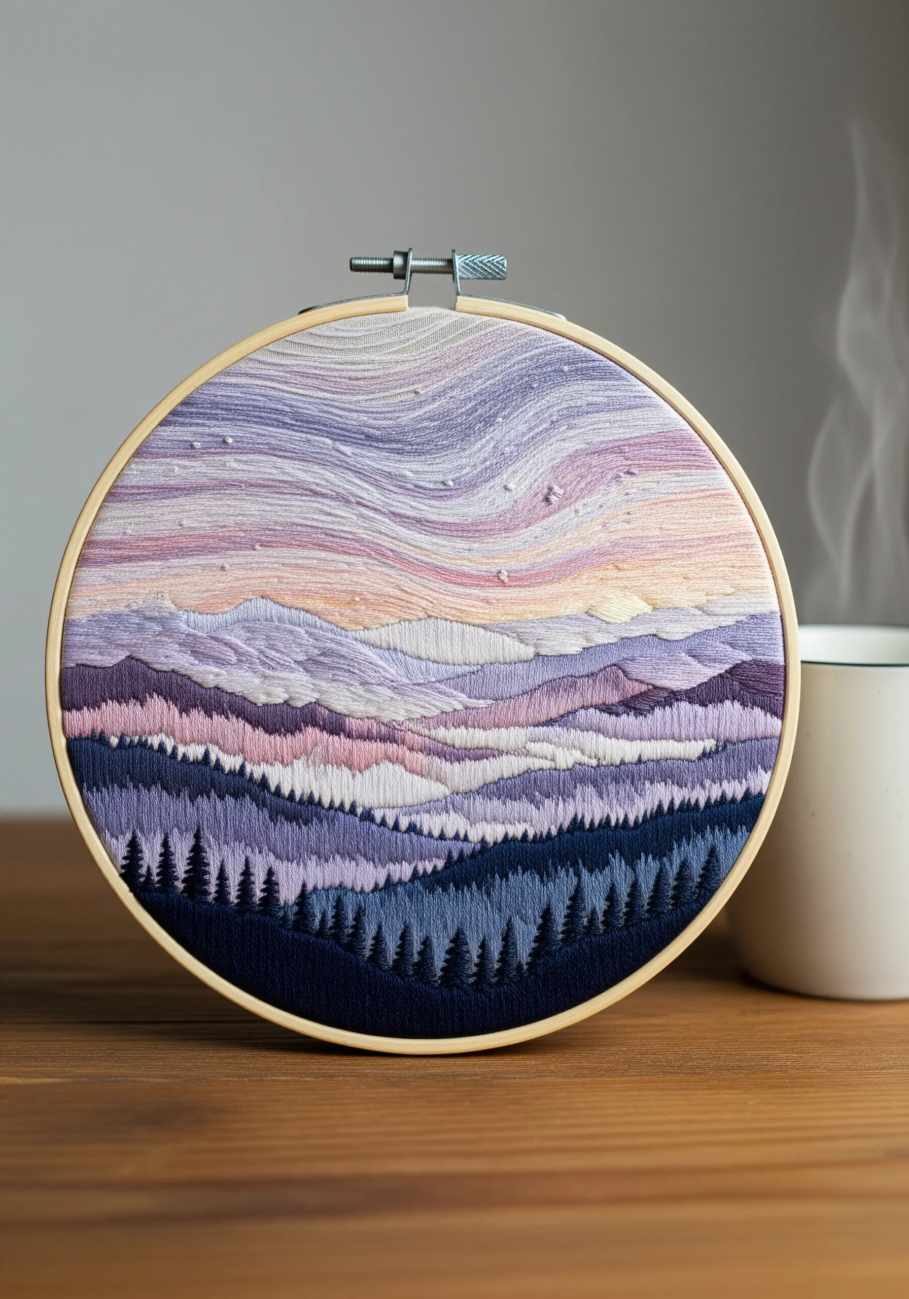 Embroidered mountain landscape with a blended pastel sunset sky in a hoop.