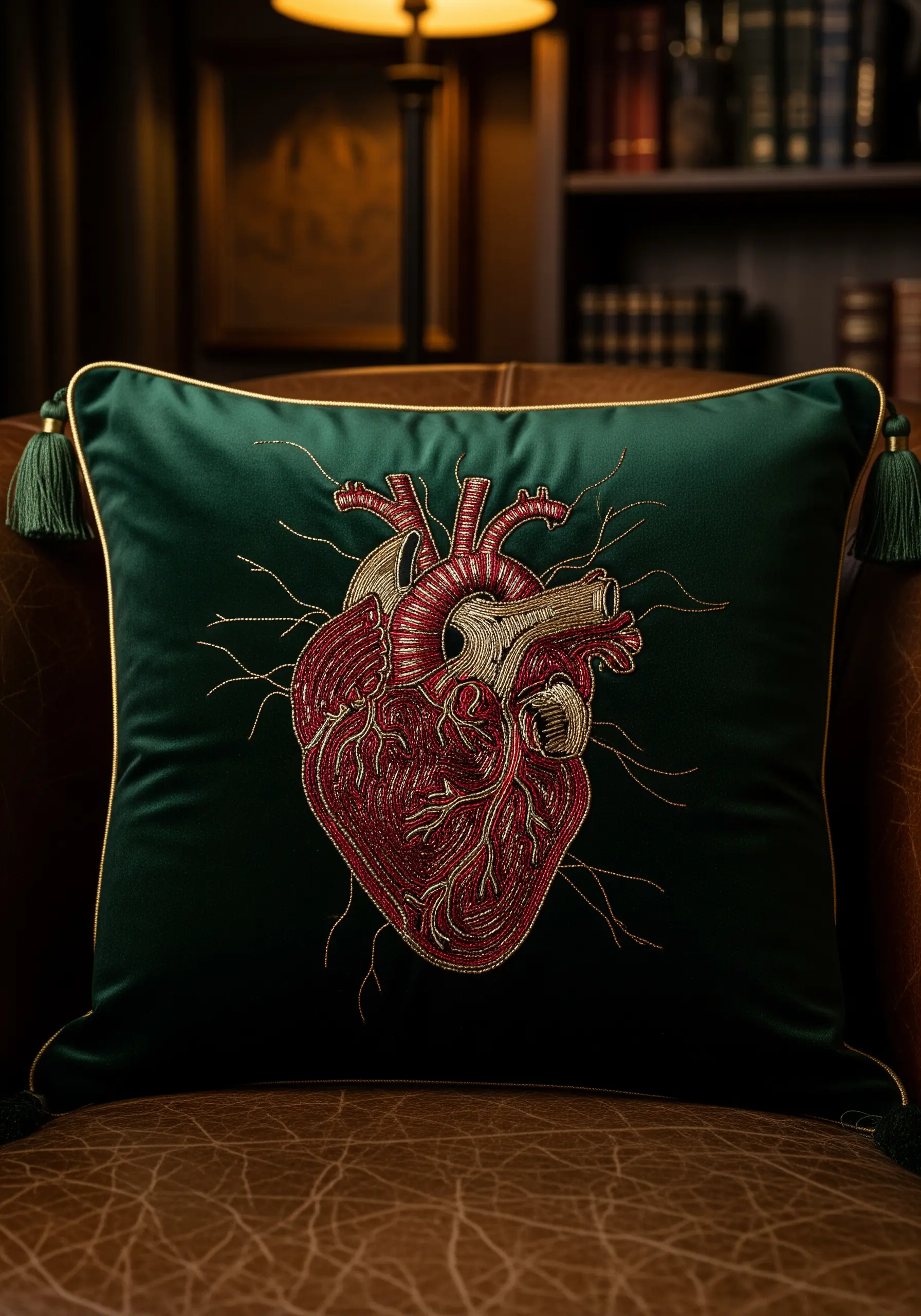 Anatomical heart embroidered in red and gold metallic thread on a dark green velvet cushion.