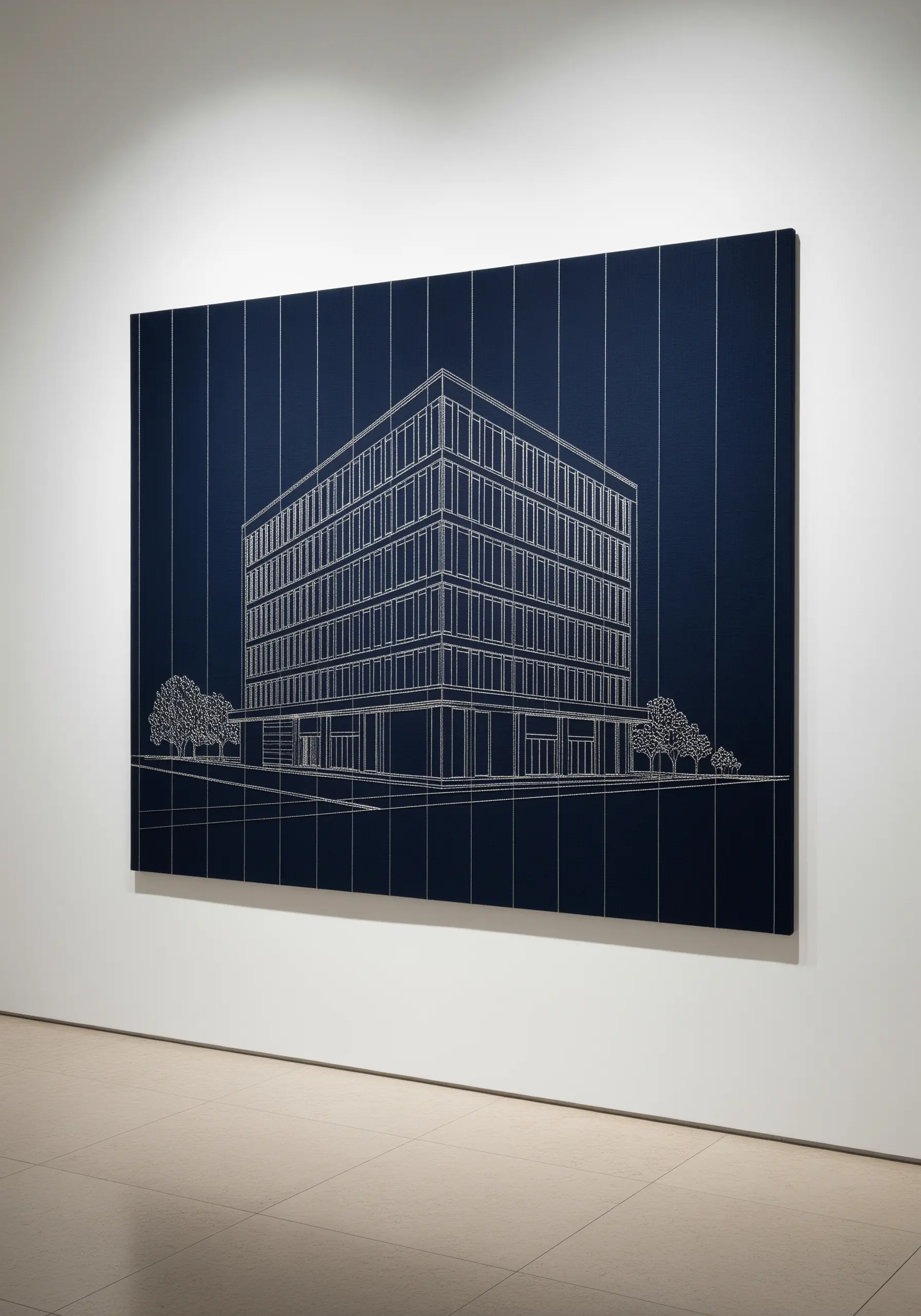 A large wall hanging embroidered with the silver metallic outline of a modern building.