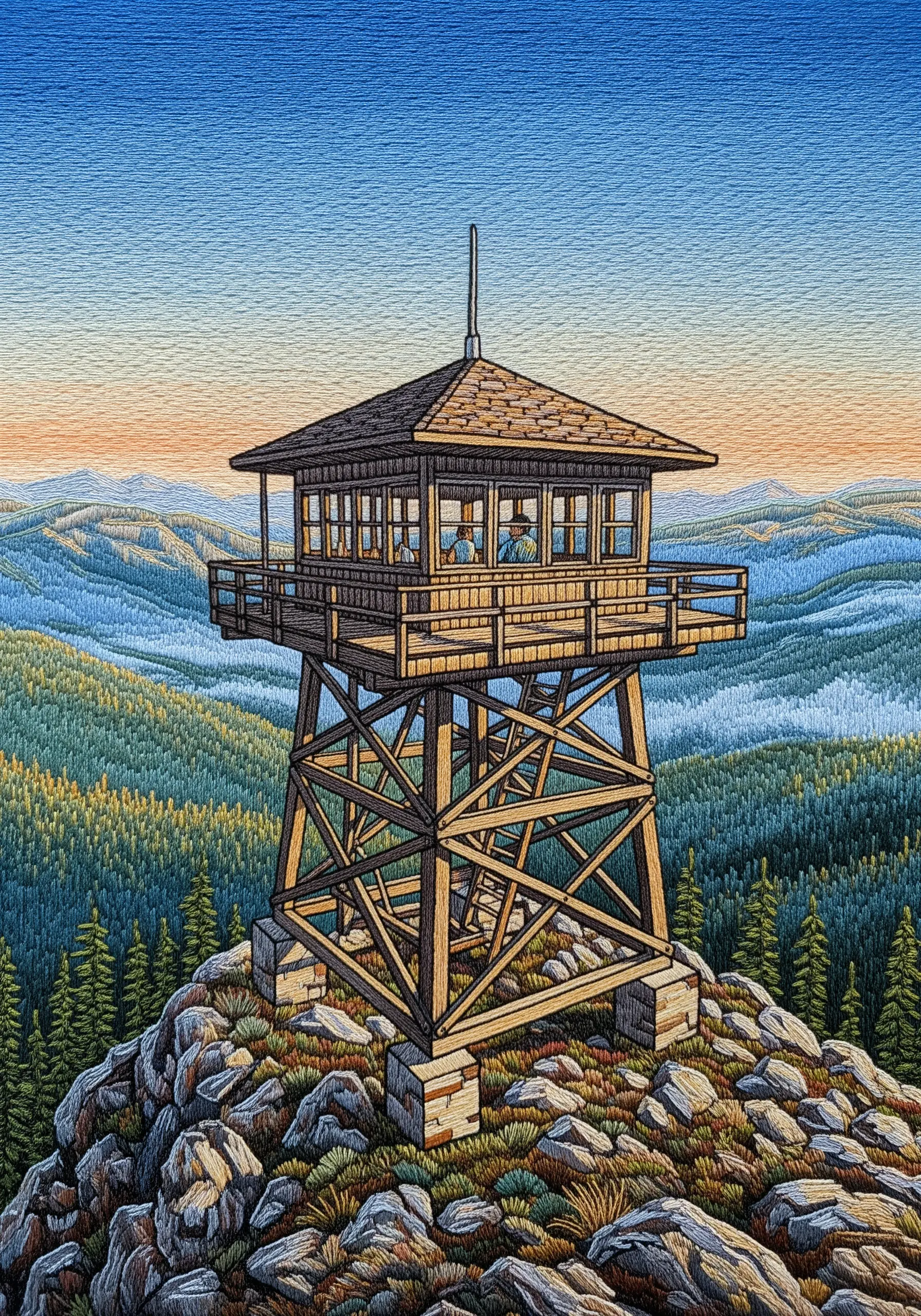 Detailed embroidery of a fire lookout tower on a mountain peak, stitched with precise lines.