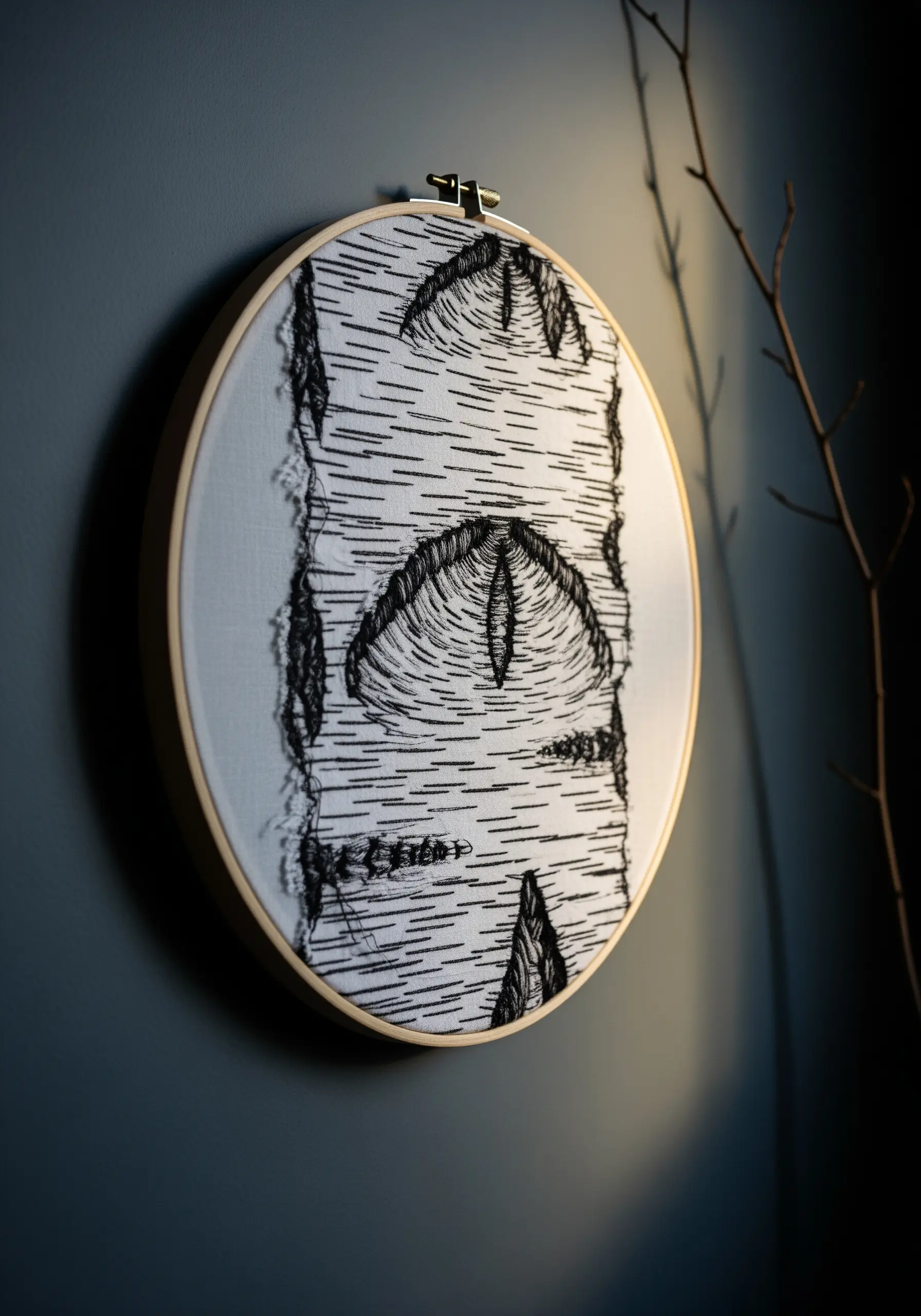 Black thread embroidery of birch bark texture on white fabric in a wooden hoop.