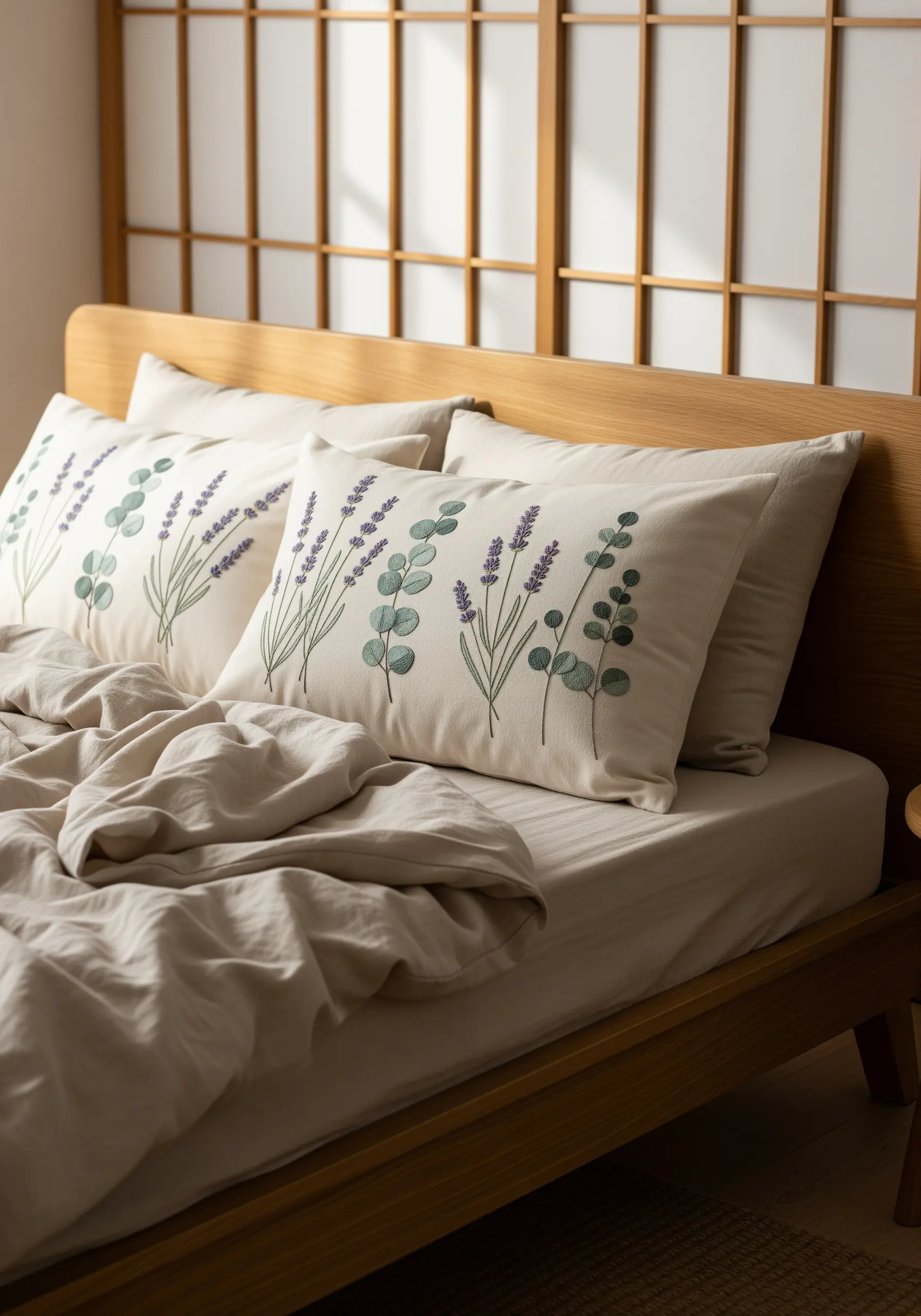 Delicate embroidery of lavender and eucalyptus stems on a neutral linen pillowcase.