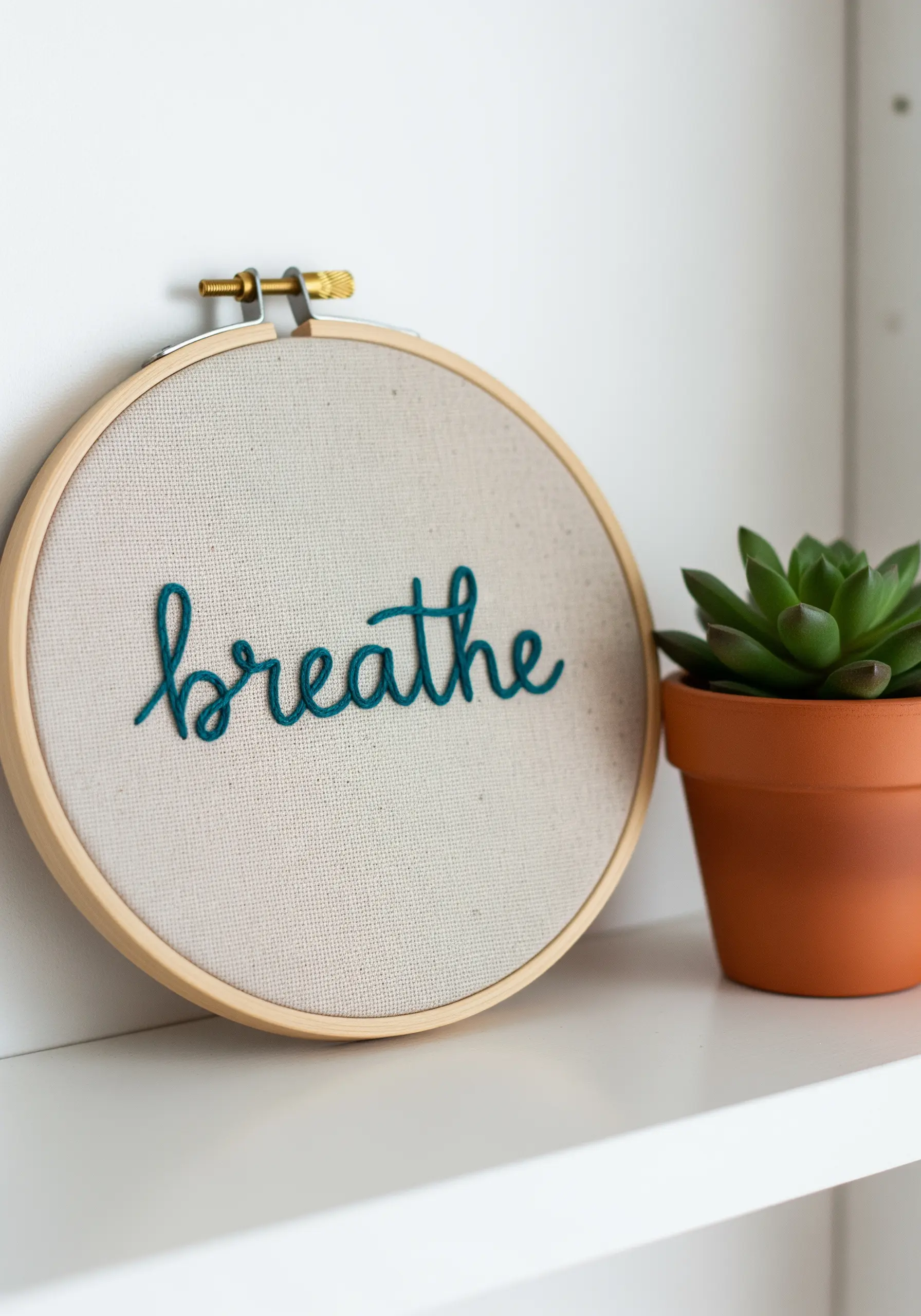 The word 'breathe' embroidered in teal thread using a dimensional chain stitch on neutral fabric.