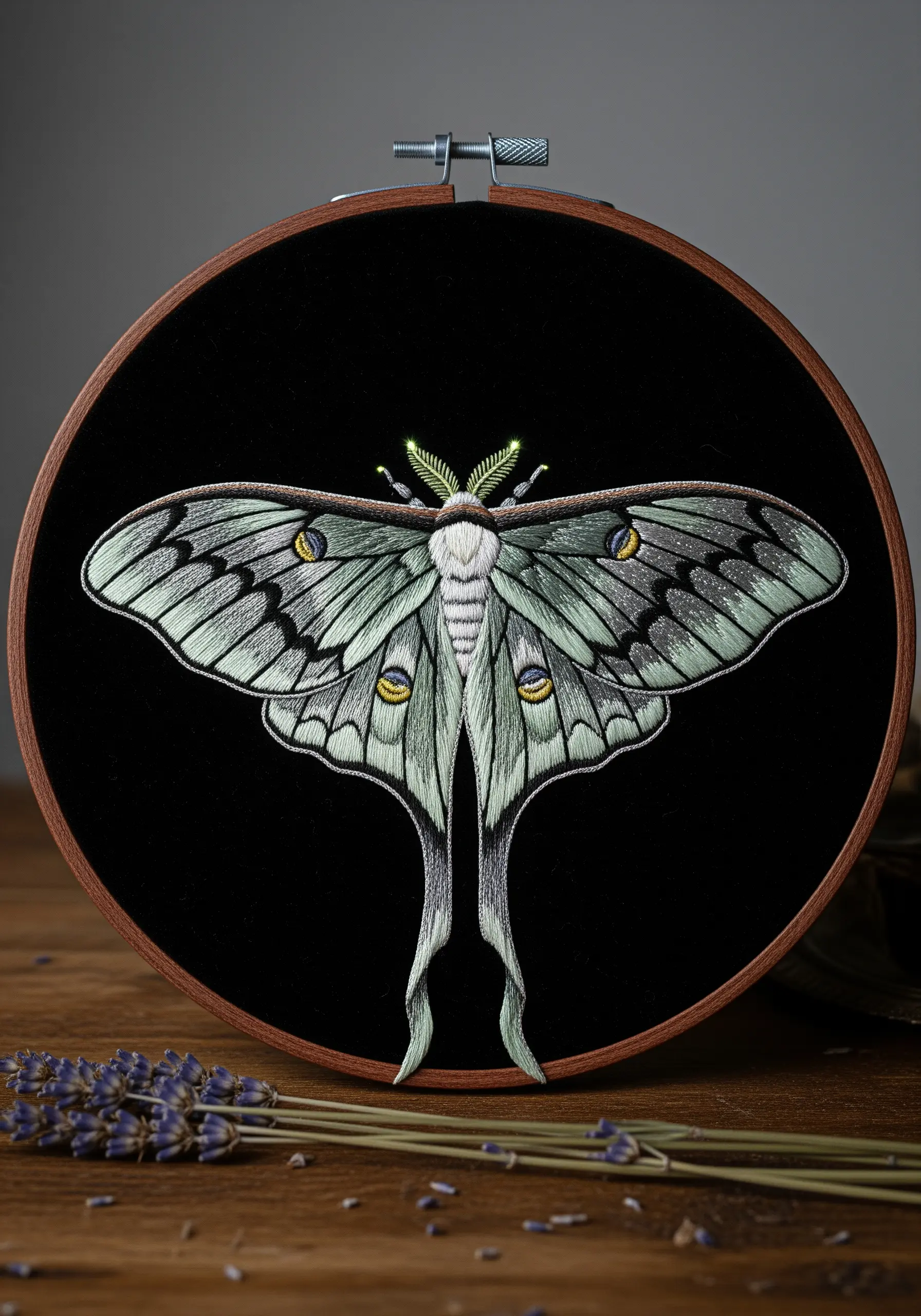 Detailed thread-painted luna moth with green and grey wings on black fabric in a wooden hoop.