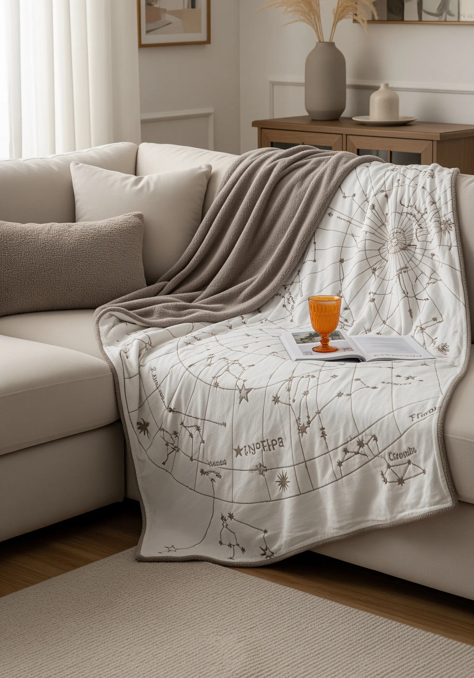 A detailed constellation map embroidered in brown thread on a white blanket.