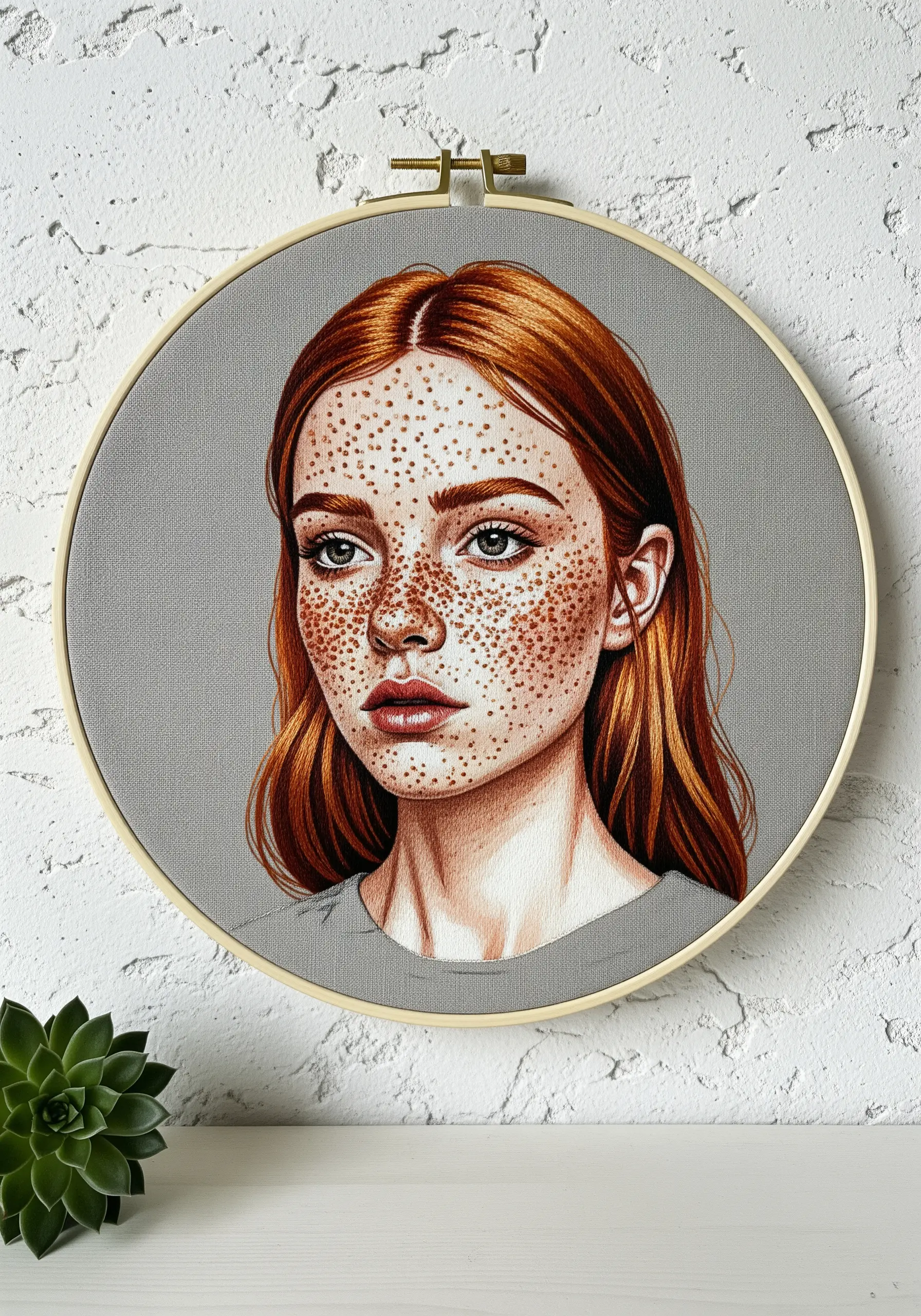 Embroidered portrait of a woman with realistic freckles on a grey fabric background.