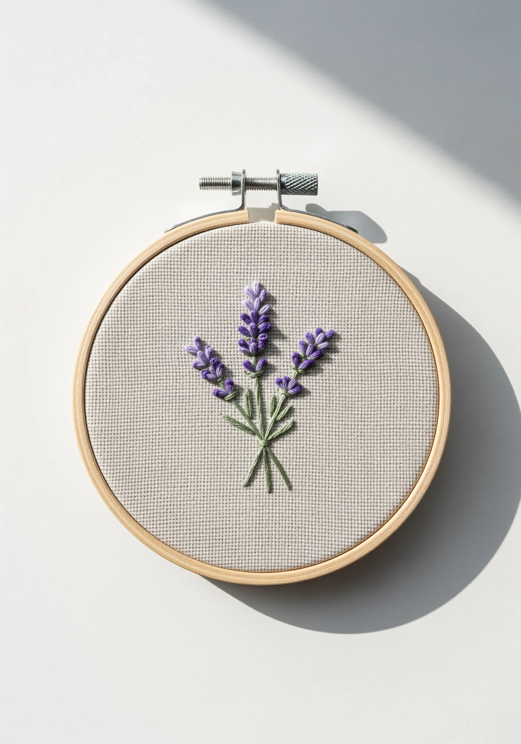 Embroidered lavender sprigs using purple French knots and green straight stitches on gray fabric.