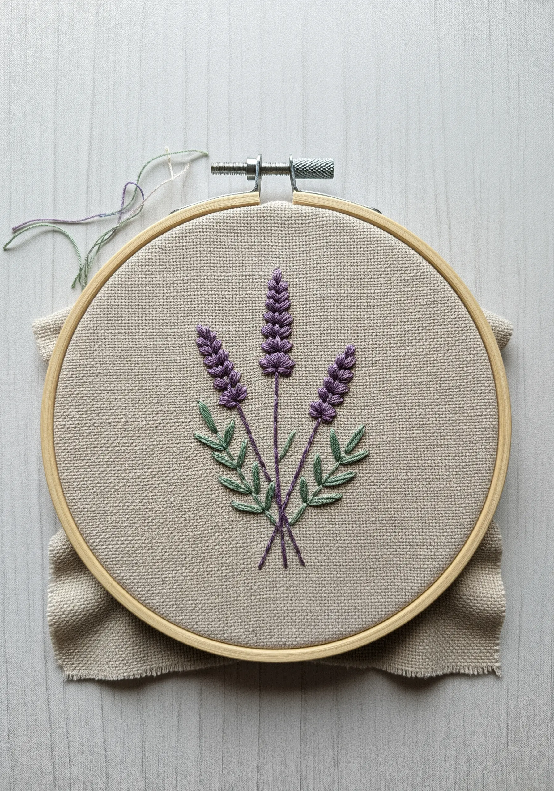 Hand-embroidered lavender sprigs with textured purple buds and green leaves in a wooden hoop.
