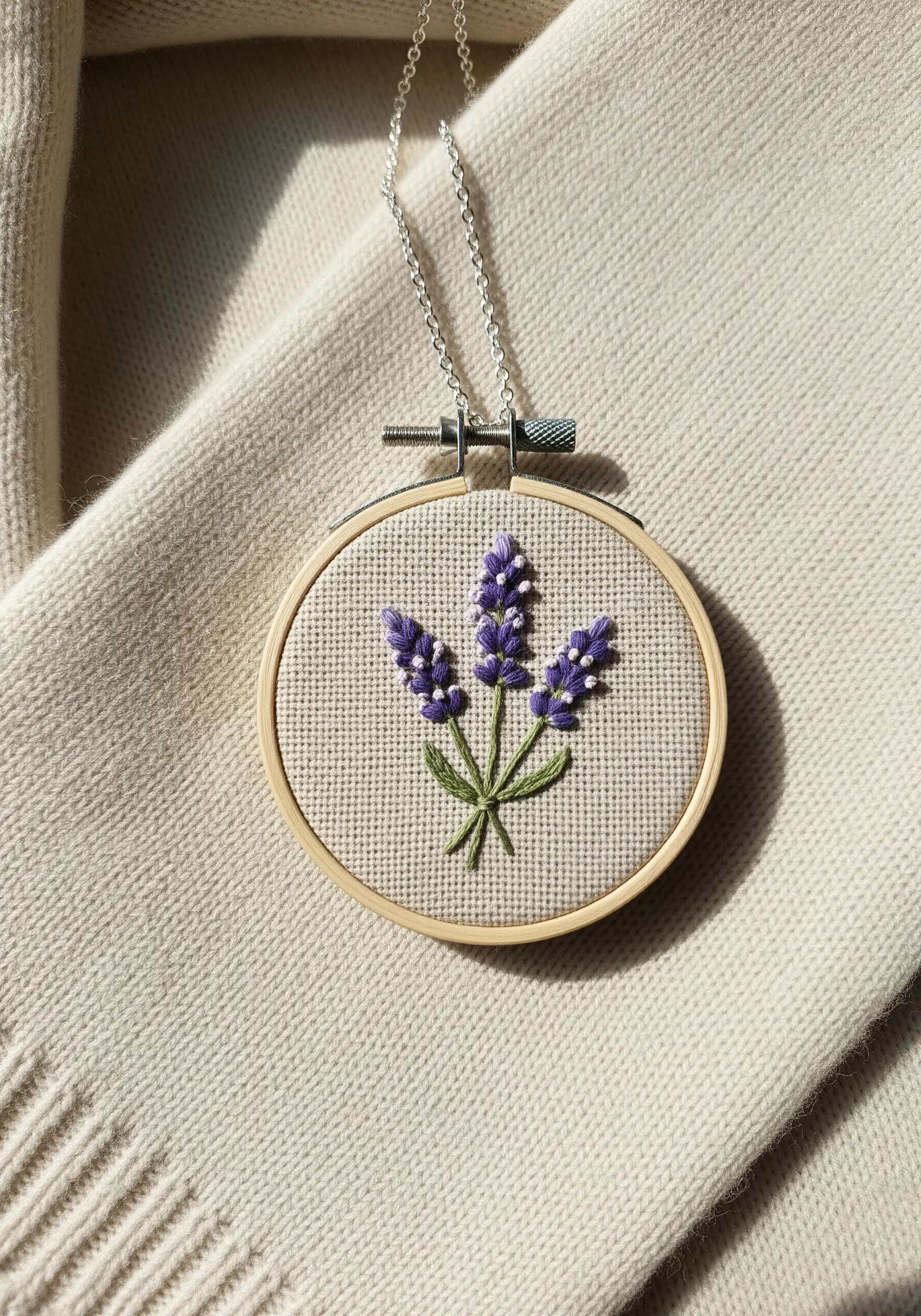 Embroidered lavender sprig with textured French knots on a cream fabric background.