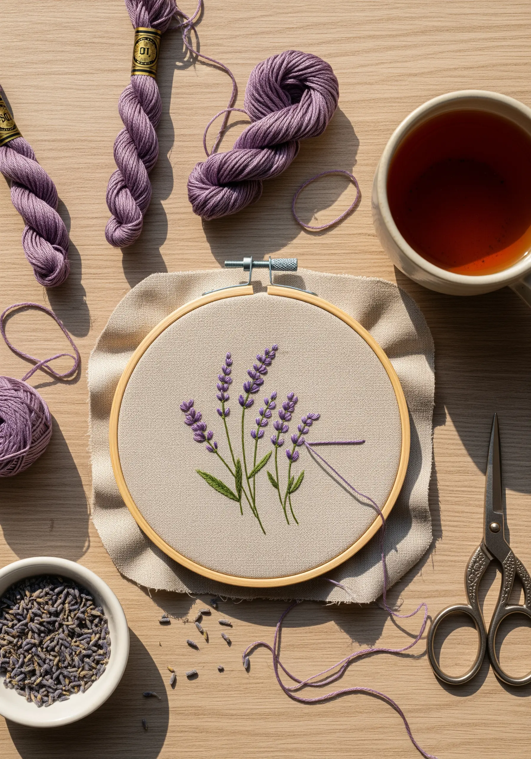 Hand-embroidered lavender sprigs in a wooden hoop with purple thread skeins