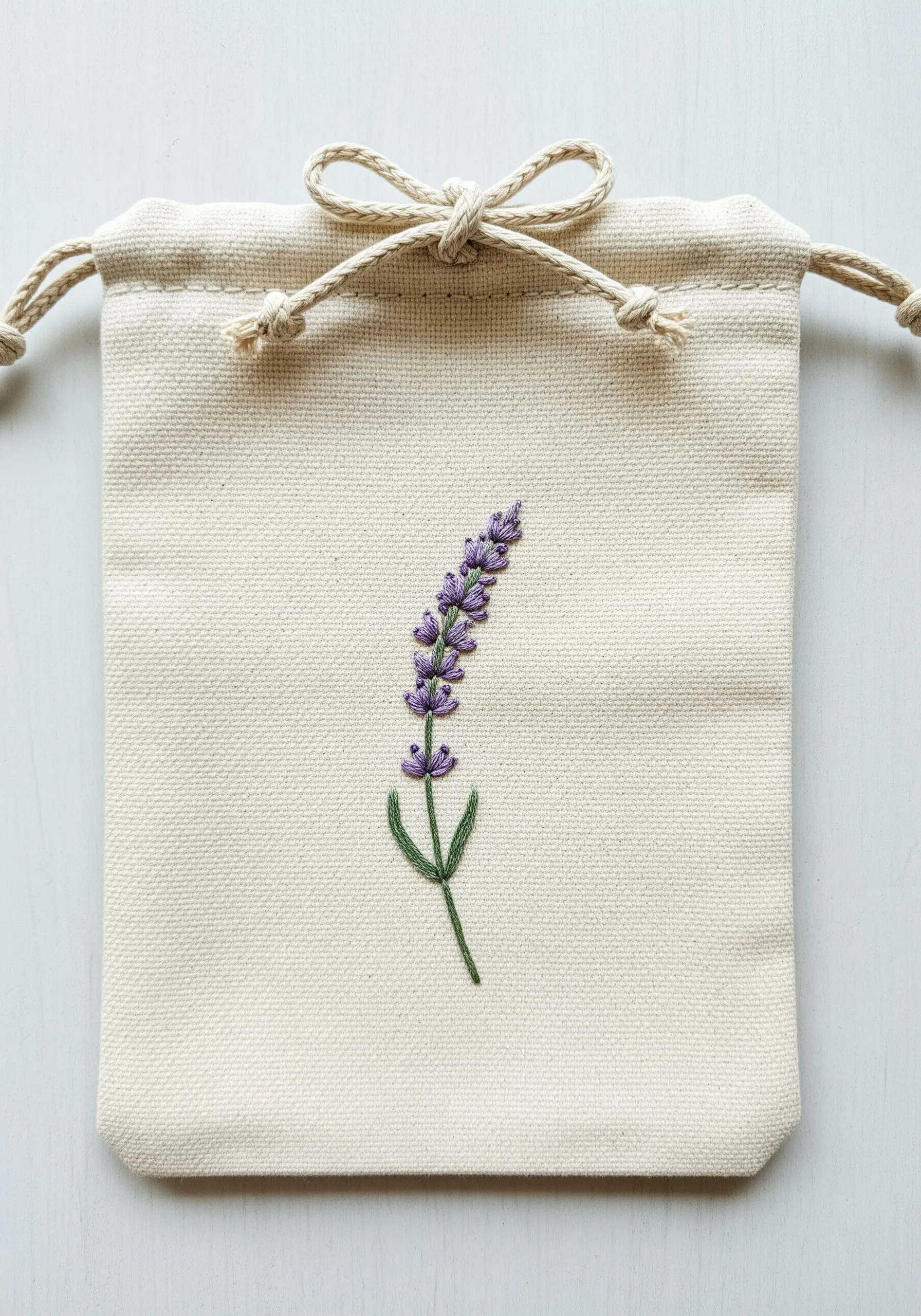 A single sprig of lavender embroidered with purple French knots on a small canvas pouch.